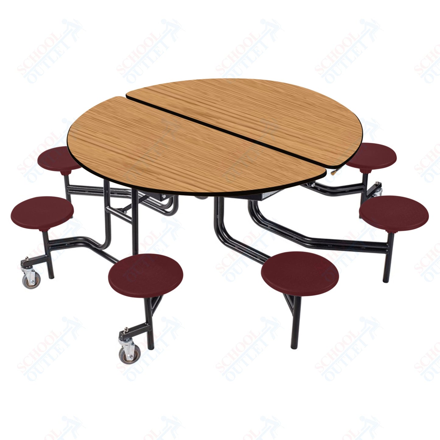 NPS 60" Round Mobile Cafeteria Table - 8 Stools - Plywood Core - T-Molding Edge - Black Powdercoated Frame