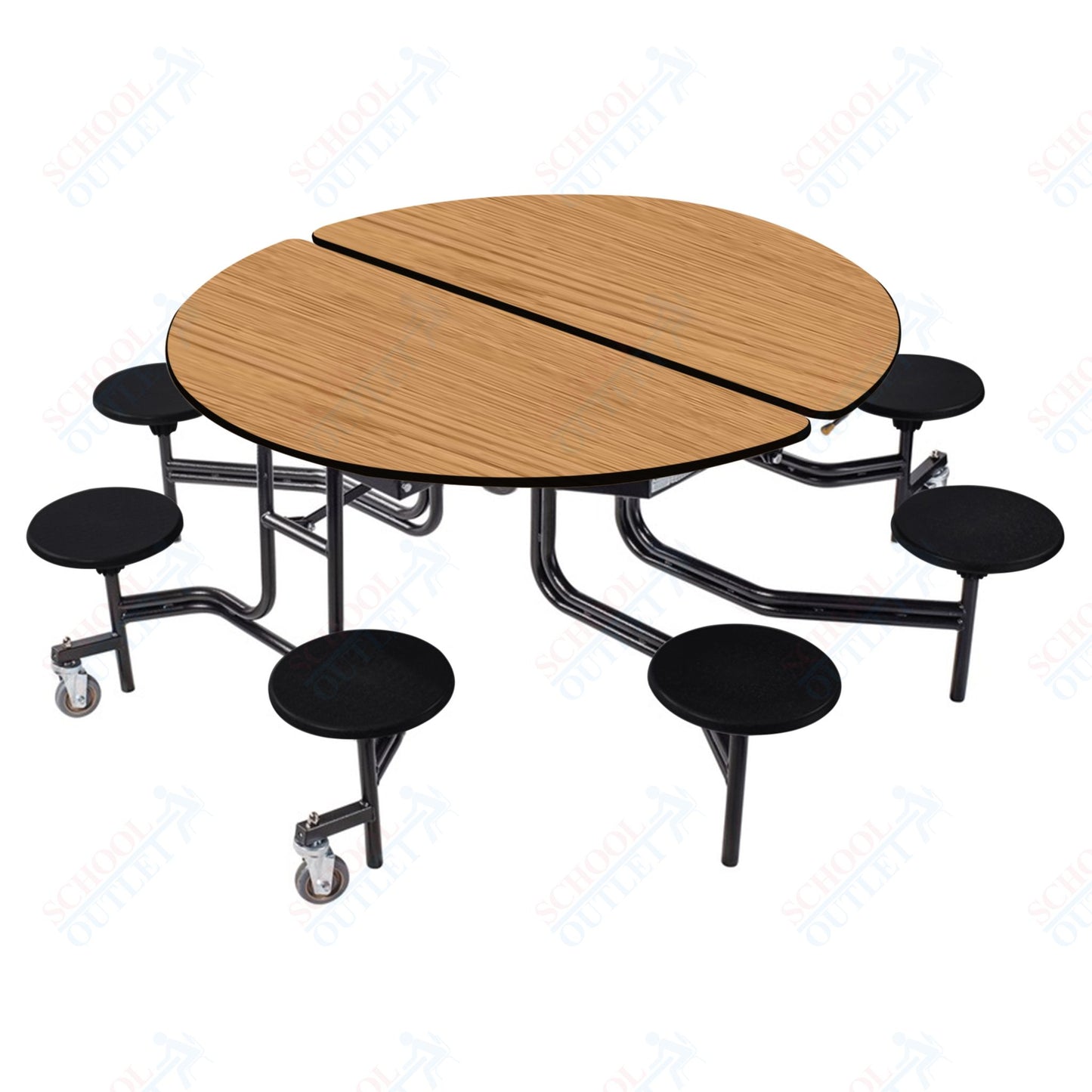 NPS 60" Round Mobile Cafeteria Table - 8 Stools - Plywood Core - T-Molding Edge - Black Powdercoated Frame