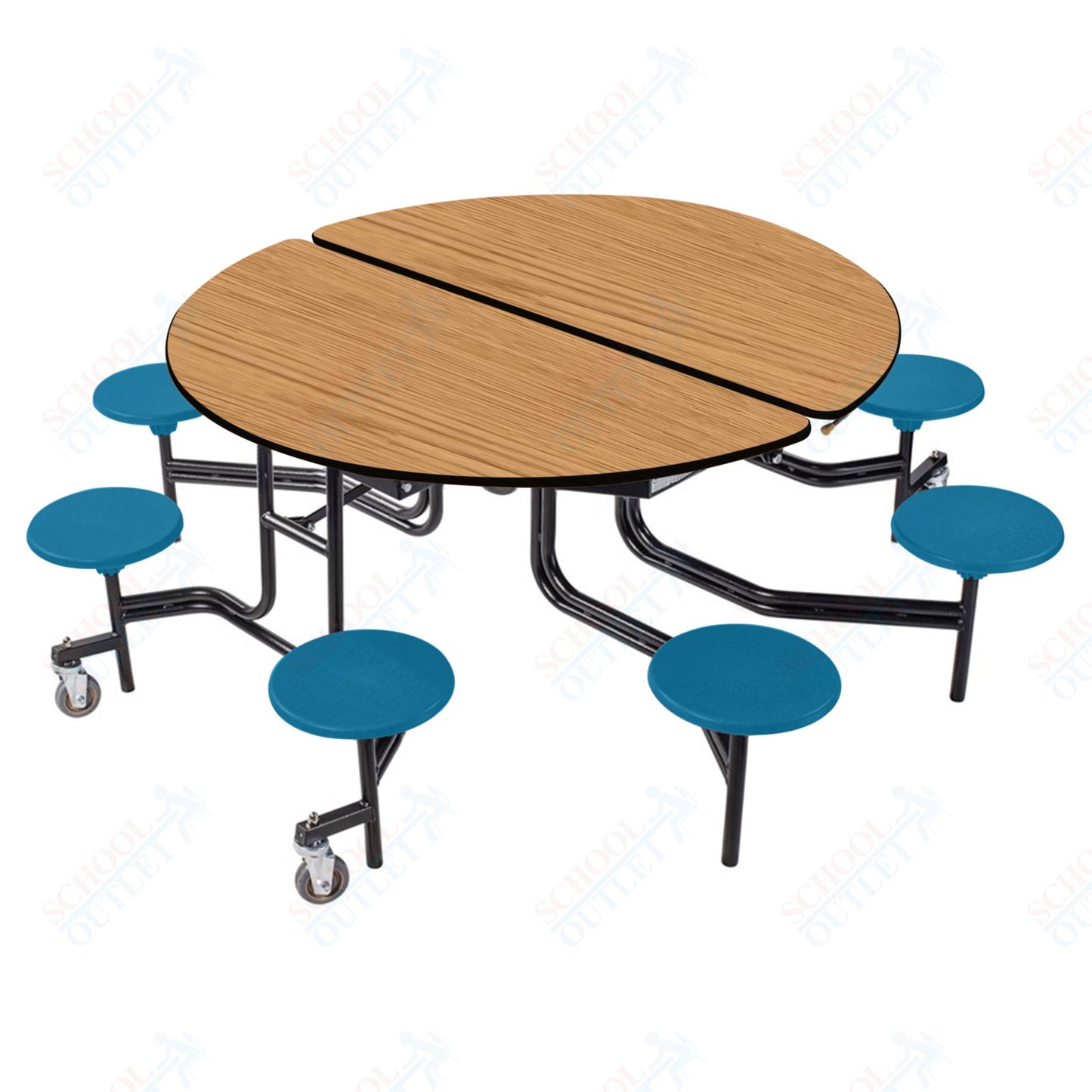 NPS 60" Round Mobile Cafeteria Table - 8 Stools - Plywood Core - T-Molding Edge - Black Powdercoated Frame