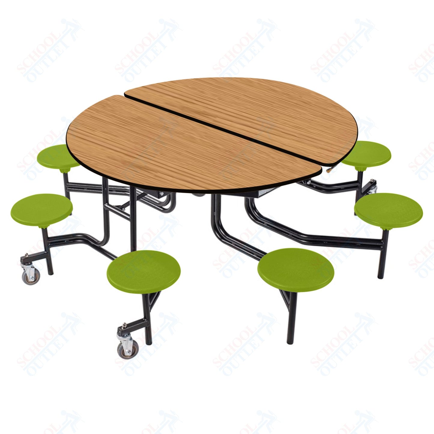 NPS 60" Round Mobile Cafeteria Table - 8 Stools - Plywood Core - T-Molding Edge - Black Powdercoated Frame