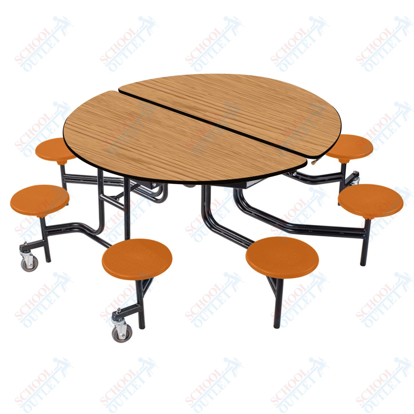 NPS 60" Round Mobile Cafeteria Table - 8 Stools - Plywood Core - T-Molding Edge - Black Powdercoated Frame