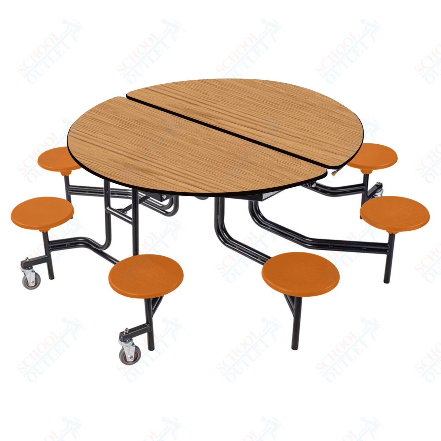 NPS 60" Round Mobile Cafeteria Table - 8 Stools - Plywood Core - T-Molding Edge - Black Powdercoated Frame