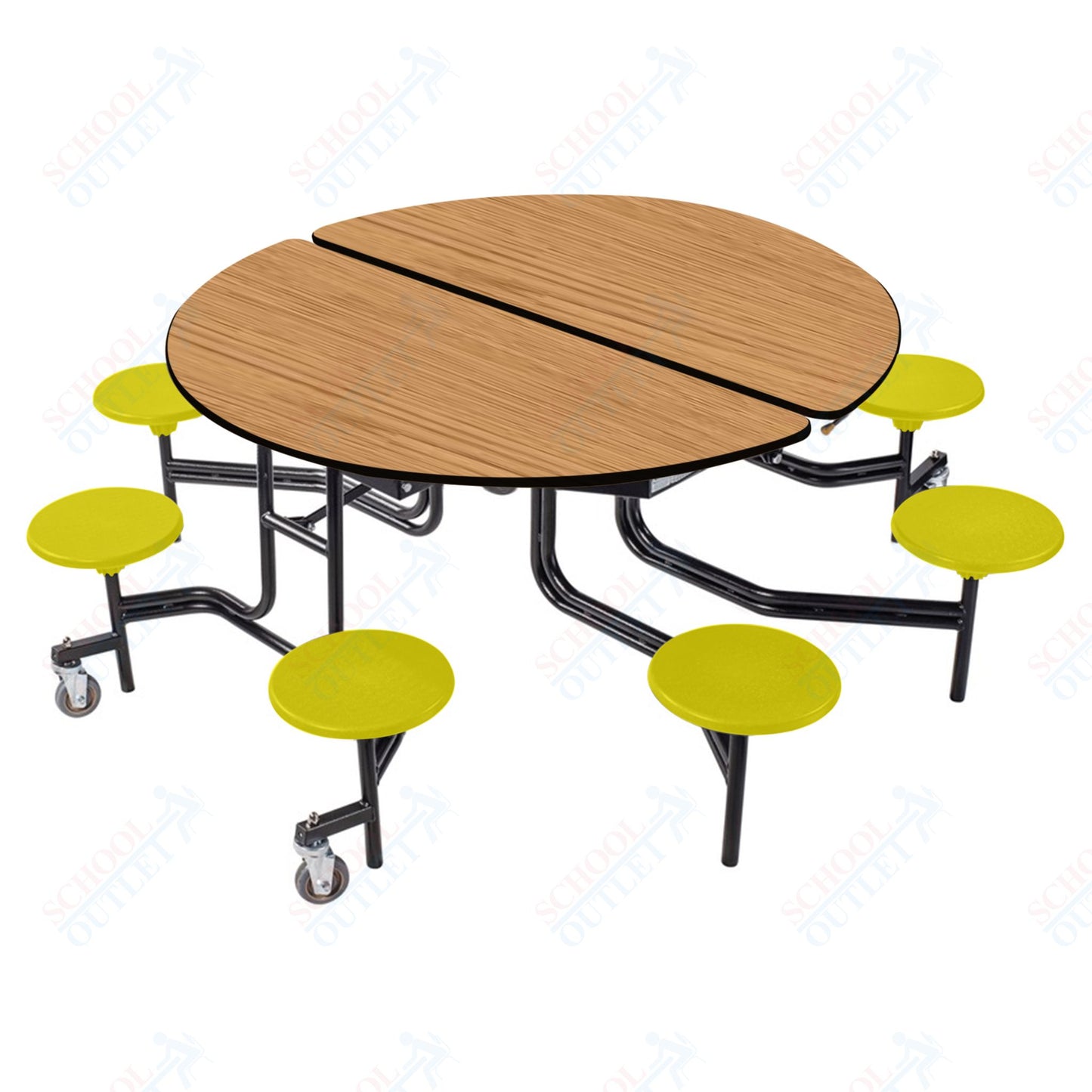 NPS 60" Round Mobile Cafeteria Table - 8 Stools - Plywood Core - T-Molding Edge - Black Powdercoated Frame