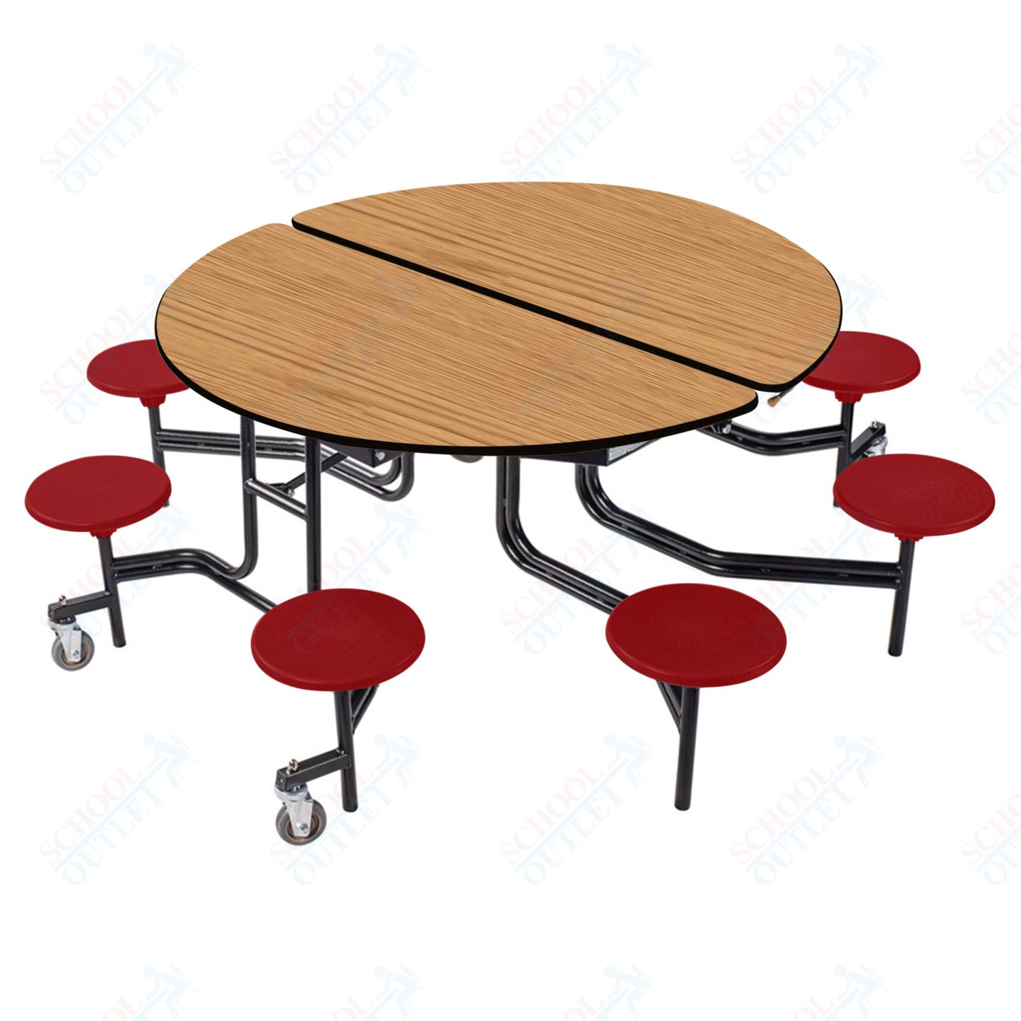NPS 60" Round Mobile Cafeteria Table - 8 Stools - Plywood Core - T-Molding Edge - Black Powdercoated Frame