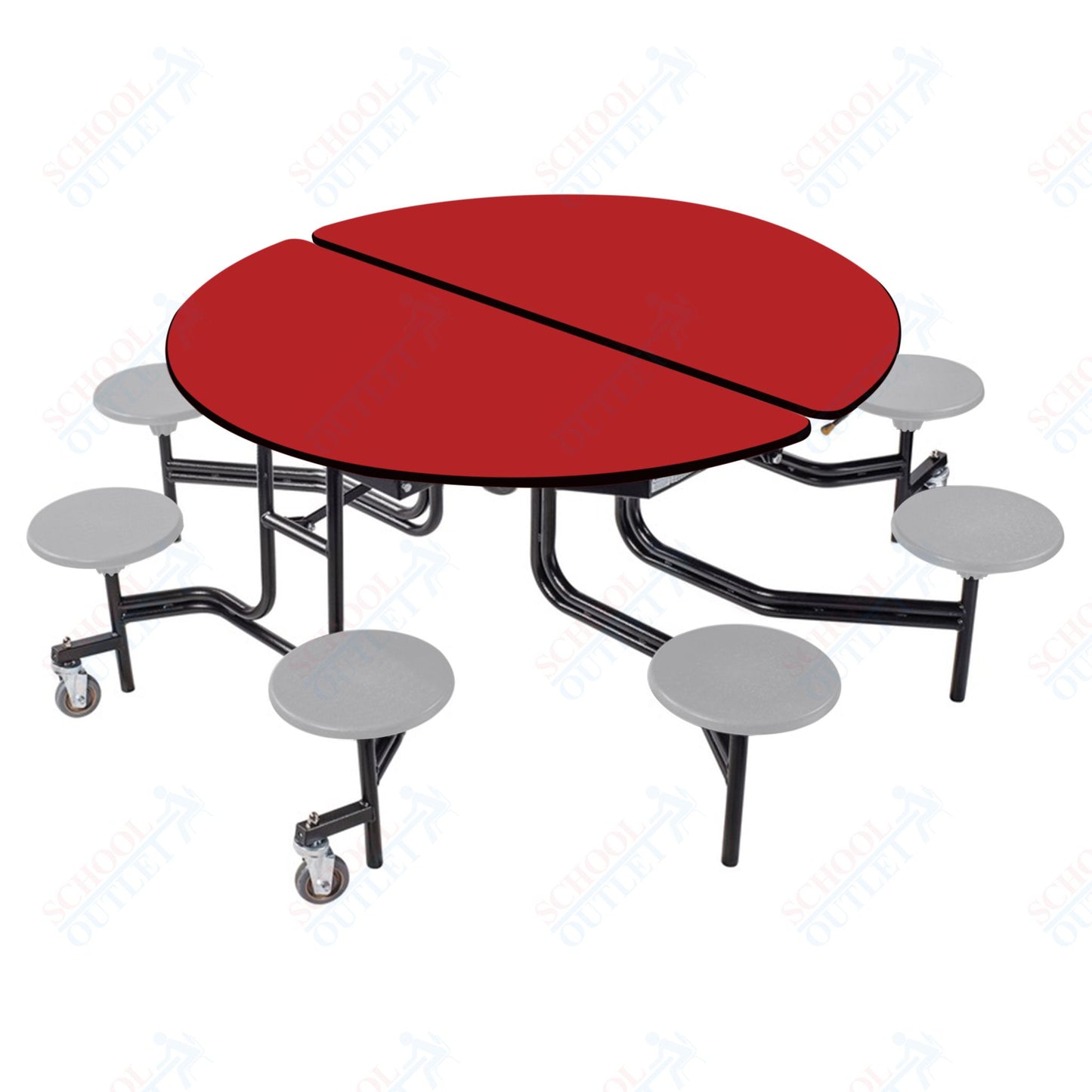 NPS 60" Round Mobile Cafeteria Table - 8 Stools - Plywood Core - T-Molding Edge - Black Powdercoated Frame
