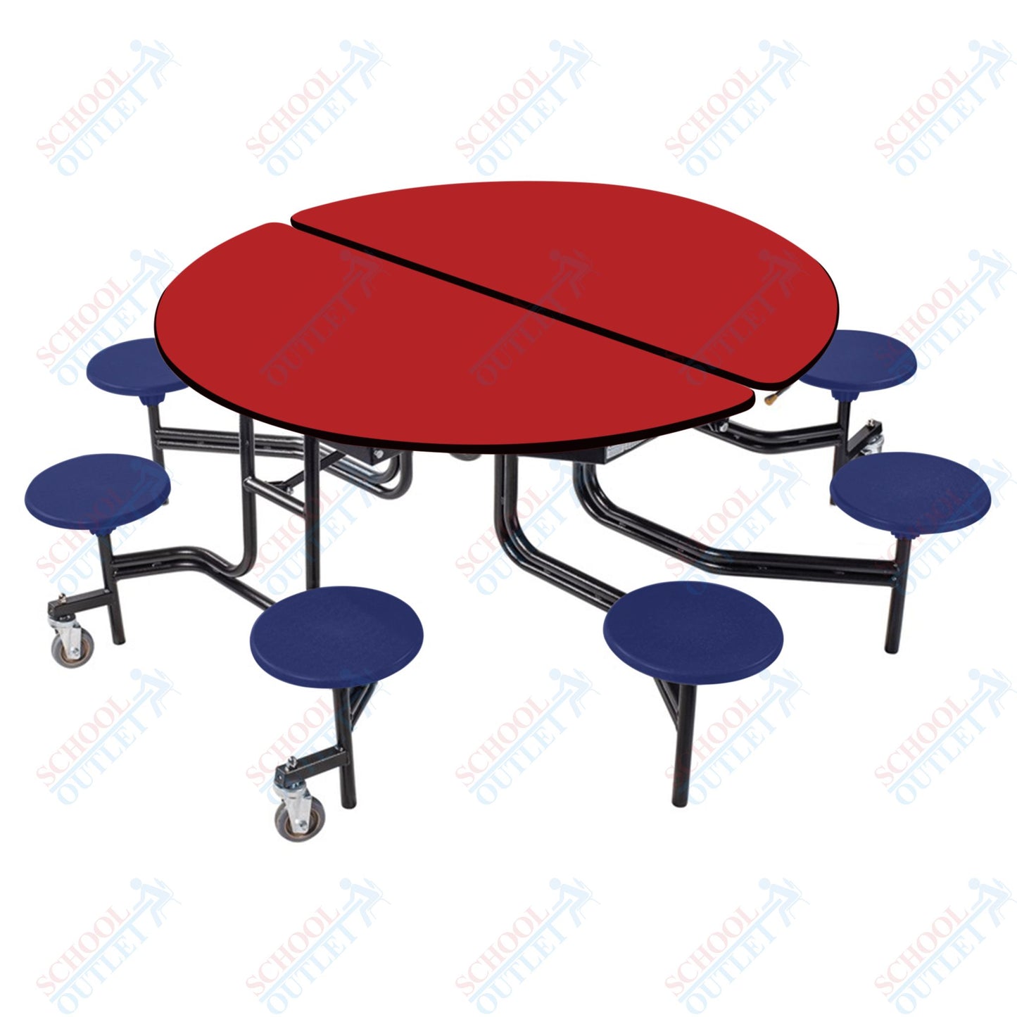NPS 60" Round Mobile Cafeteria Table - 8 Stools - Plywood Core - T-Molding Edge - Black Powdercoated Frame