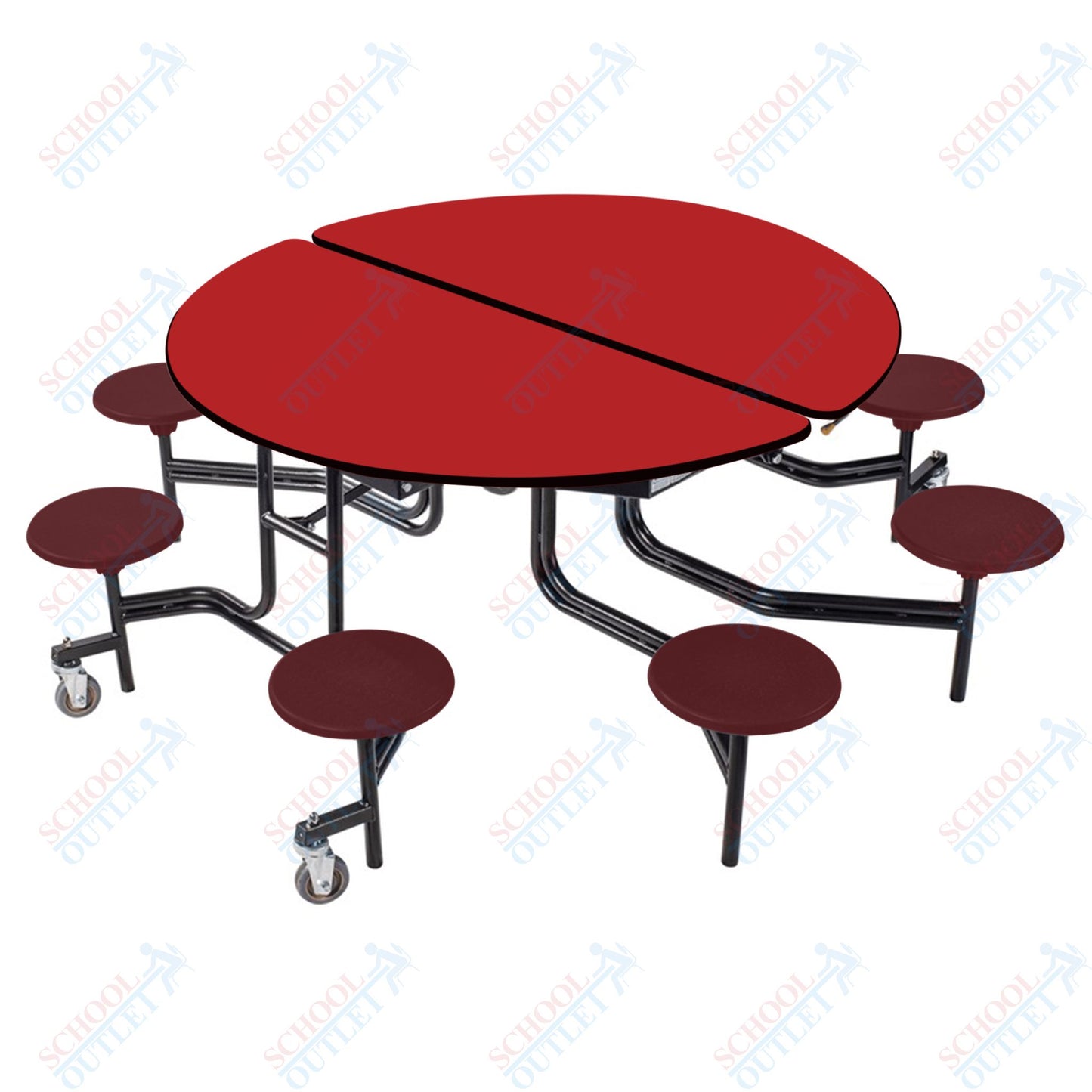 NPS 60" Round Mobile Cafeteria Table - 8 Stools - Plywood Core - T-Molding Edge - Black Powdercoated Frame