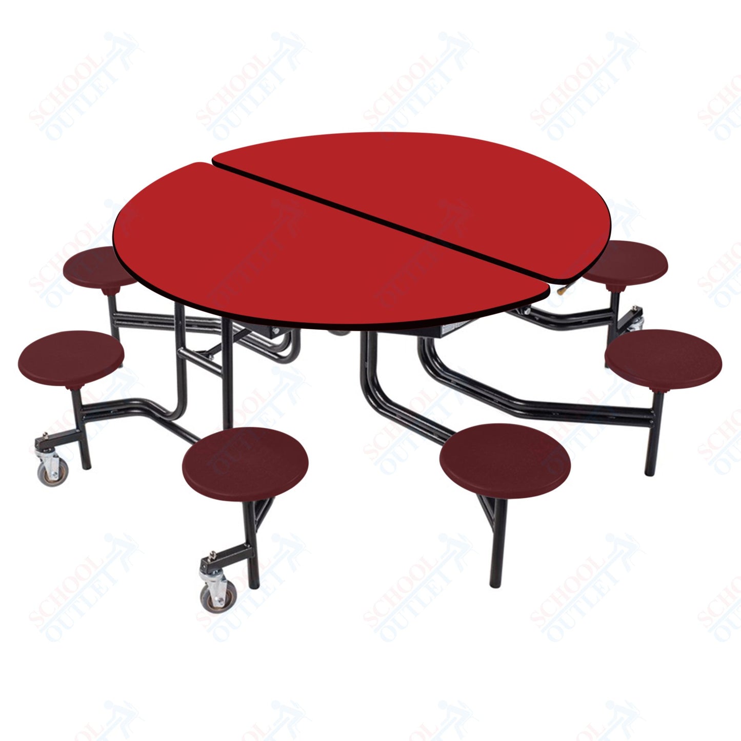 NPS 60" Round Mobile Cafeteria Table - 8 Stools - Plywood Core - T-Molding Edge - Black Powdercoated Frame