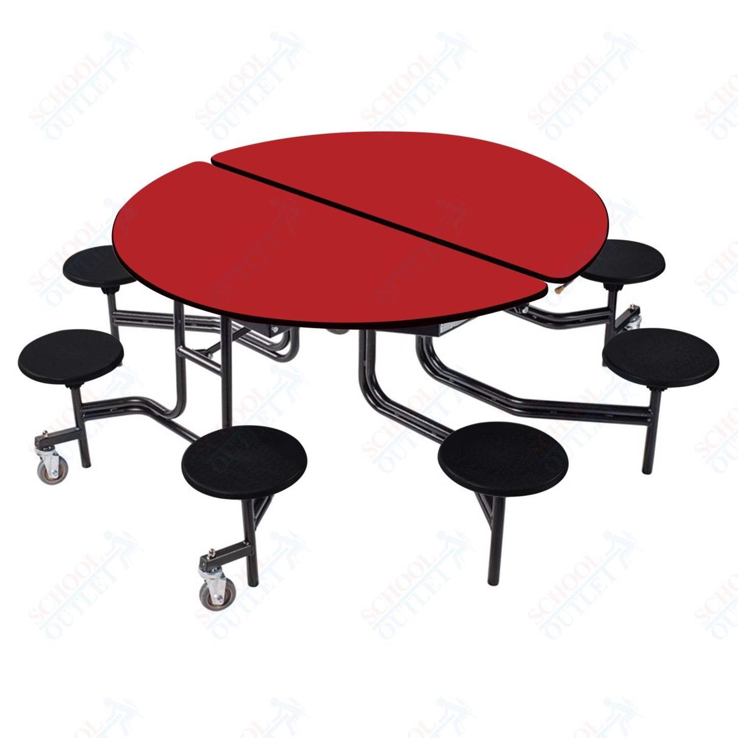 NPS 60" Round Mobile Cafeteria Table - 8 Stools - Plywood Core - T-Molding Edge - Black Powdercoated Frame