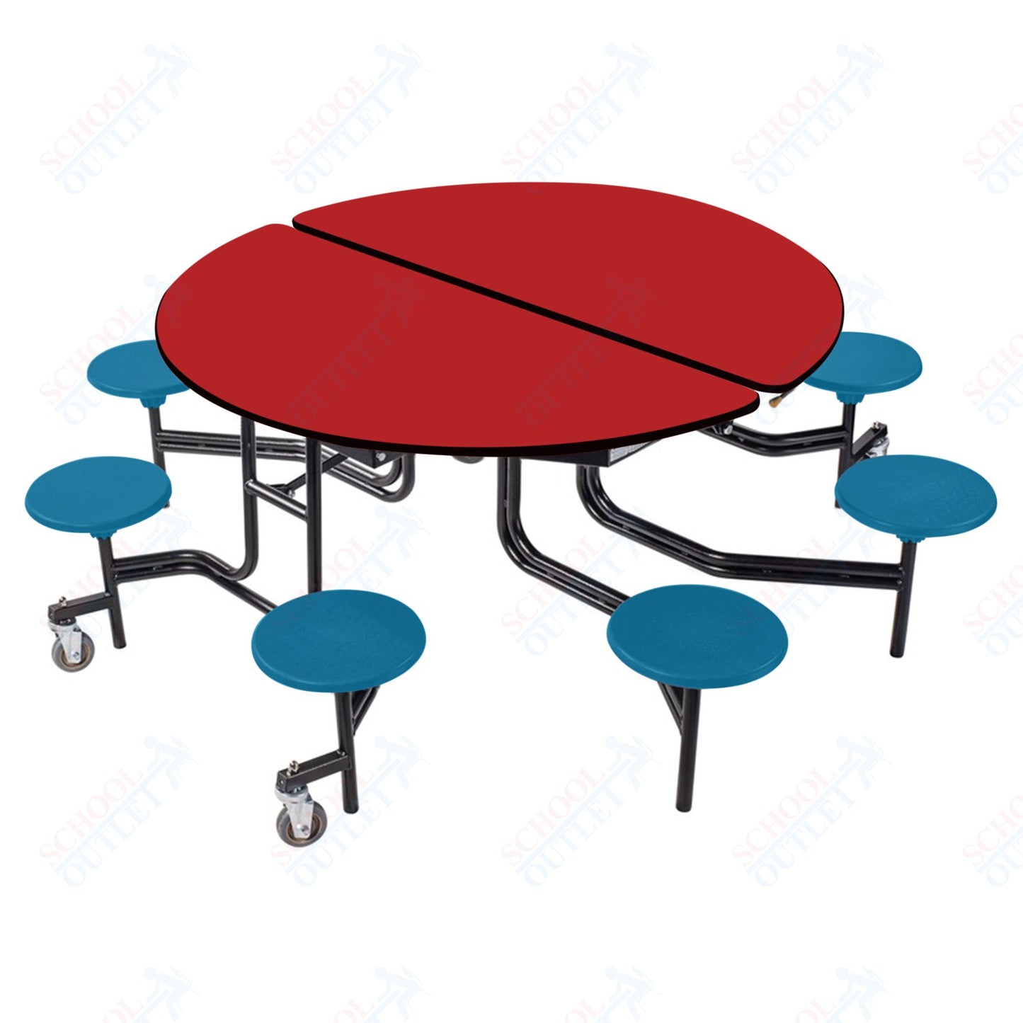 NPS 60" Round Mobile Cafeteria Table - 8 Stools - Plywood Core - T-Molding Edge - Black Powdercoated Frame