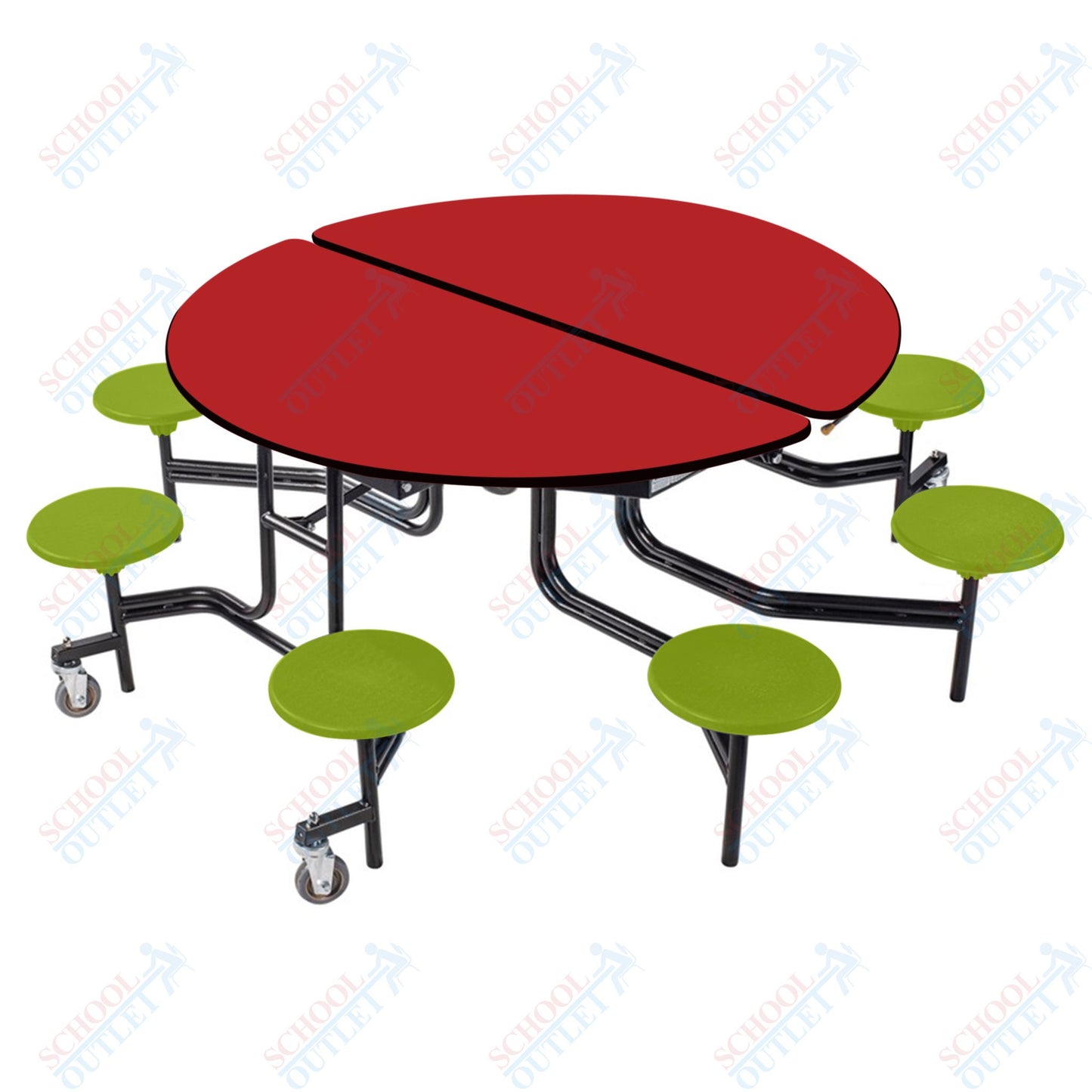 NPS 60" Round Mobile Cafeteria Table - 8 Stools - Plywood Core - T-Molding Edge - Black Powdercoated Frame