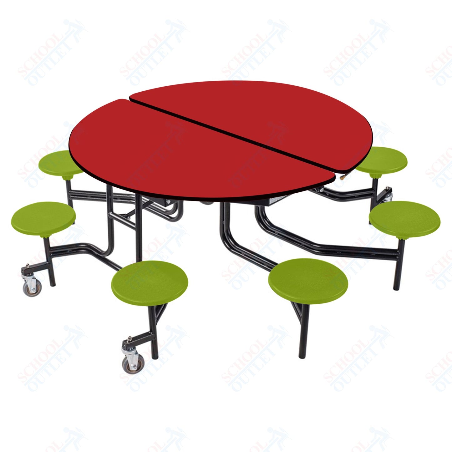 NPS 60" Round Mobile Cafeteria Table - 8 Stools - Plywood Core - T-Molding Edge - Black Powdercoated Frame