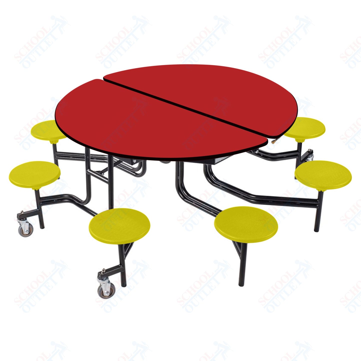 NPS 60" Round Mobile Cafeteria Table - 8 Stools - Plywood Core - T-Molding Edge - Black Powdercoated Frame