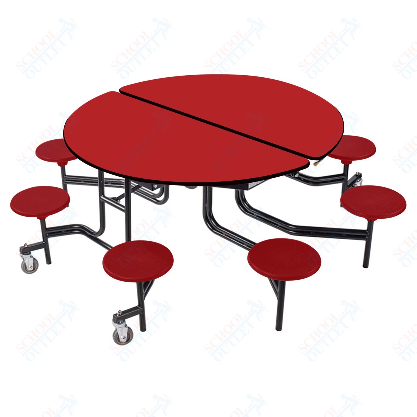 NPS 60" Round Mobile Cafeteria Table - 8 Stools - Plywood Core - T-Molding Edge - Black Powdercoated Frame