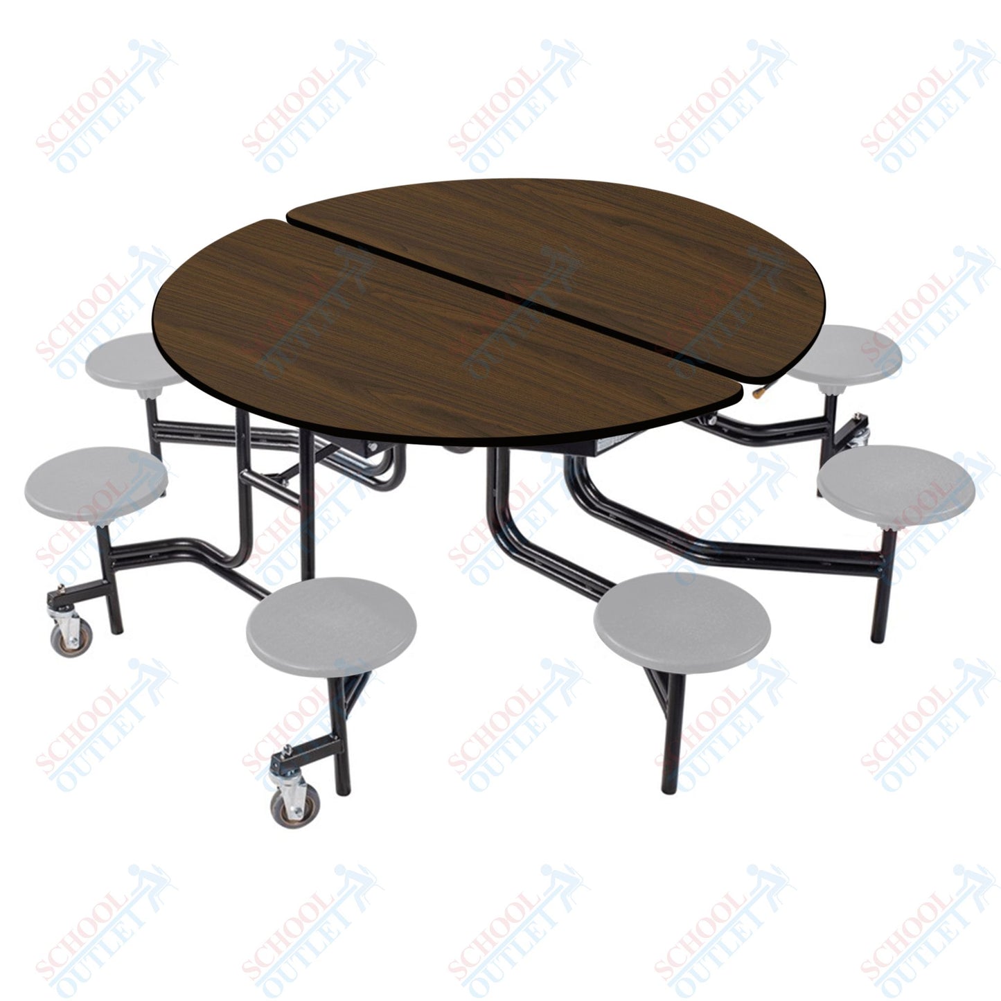 NPS 60" Round Mobile Cafeteria Table - 8 Stools - Plywood Core - T-Molding Edge - Black Powdercoated Frame