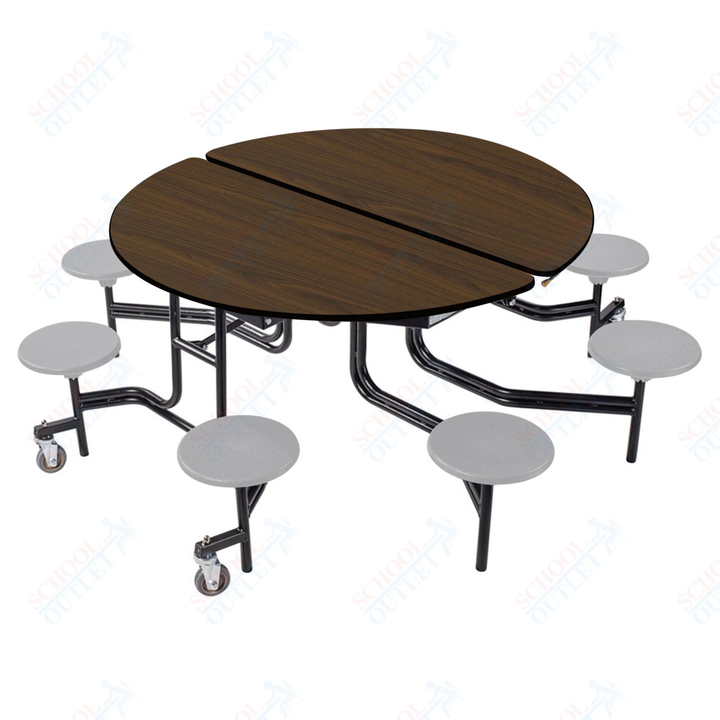 NPS 60" Round Mobile Cafeteria Table - 8 Stools - Plywood Core - T-Molding Edge - Black Powdercoated Frame