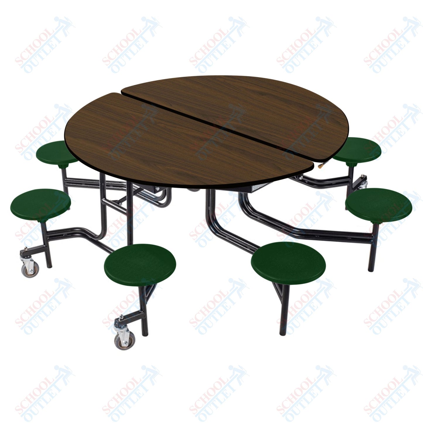 NPS 60" Round Mobile Cafeteria Table - 8 Stools - Plywood Core - T-Molding Edge - Black Powdercoated Frame