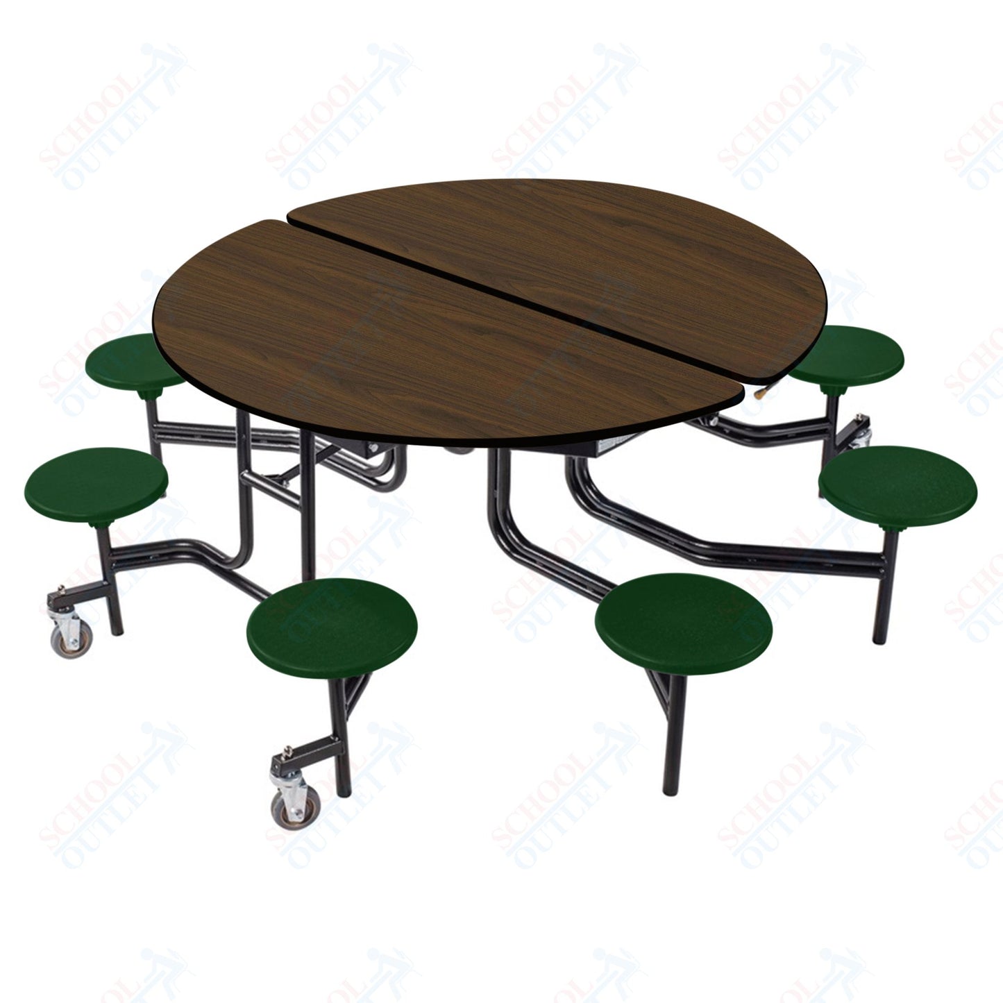 NPS 60" Round Mobile Cafeteria Table - 8 Stools - Plywood Core - T-Molding Edge - Black Powdercoated Frame