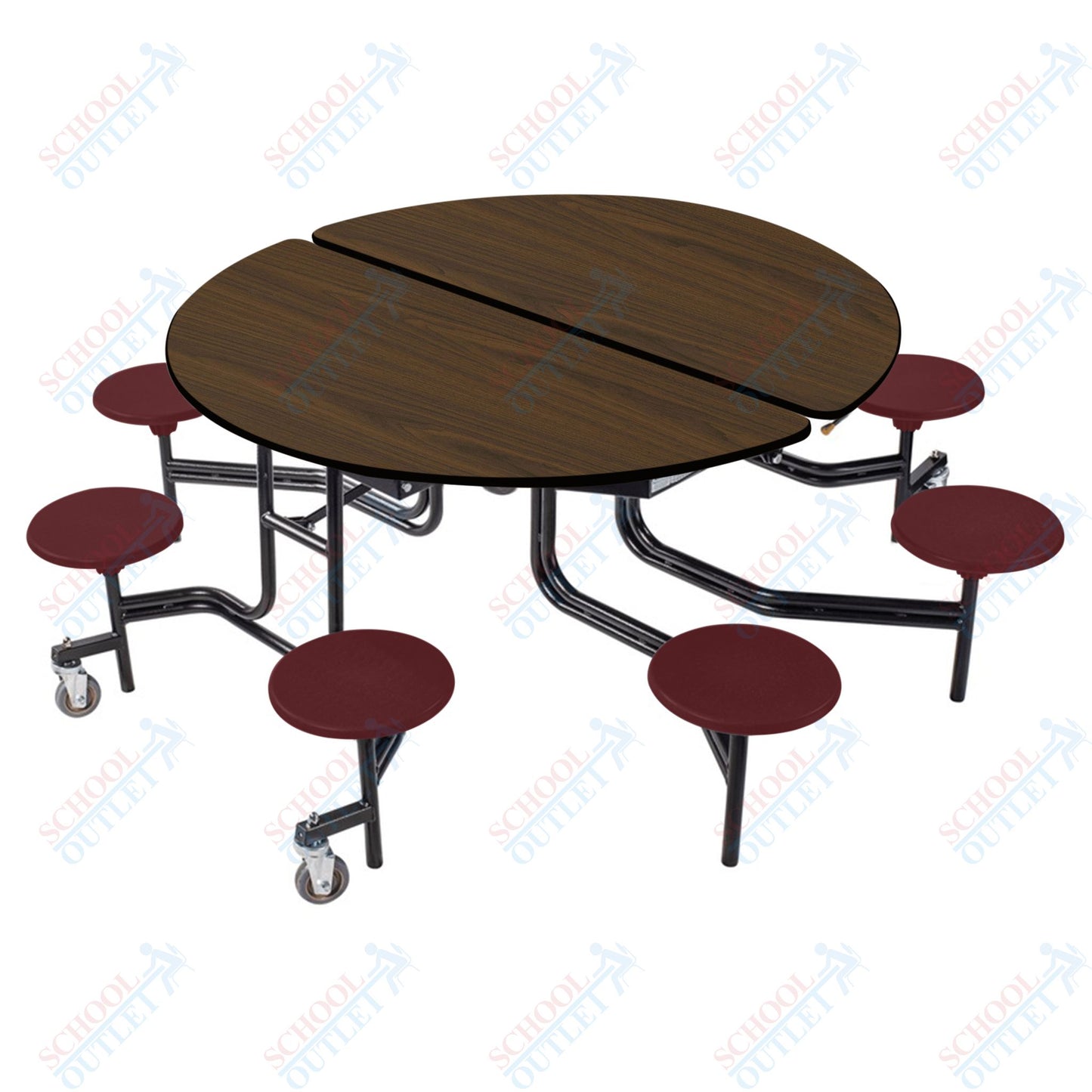 NPS 60" Round Mobile Cafeteria Table - 8 Stools - Plywood Core - T-Molding Edge - Black Powdercoated Frame