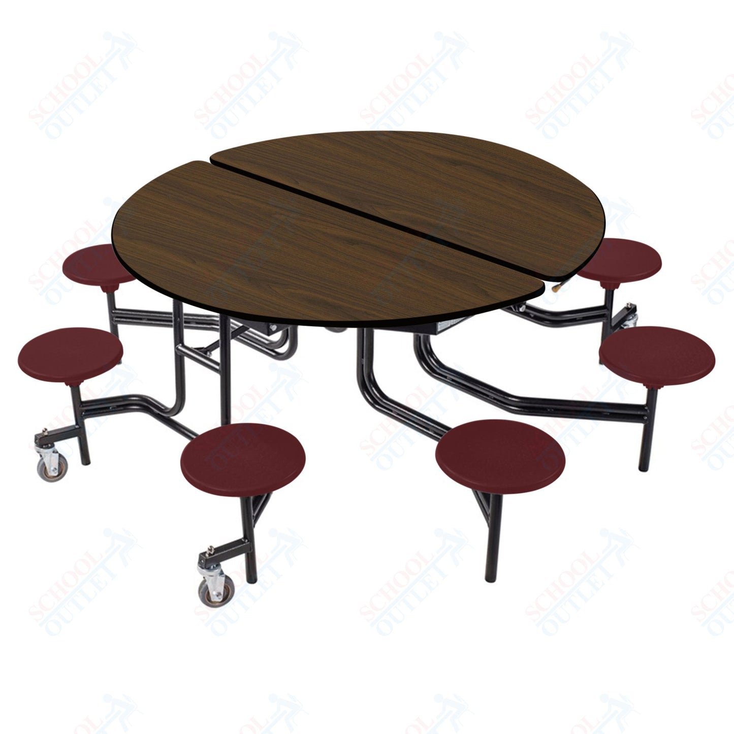NPS 60" Round Mobile Cafeteria Table - 8 Stools - Plywood Core - T-Molding Edge - Black Powdercoated Frame