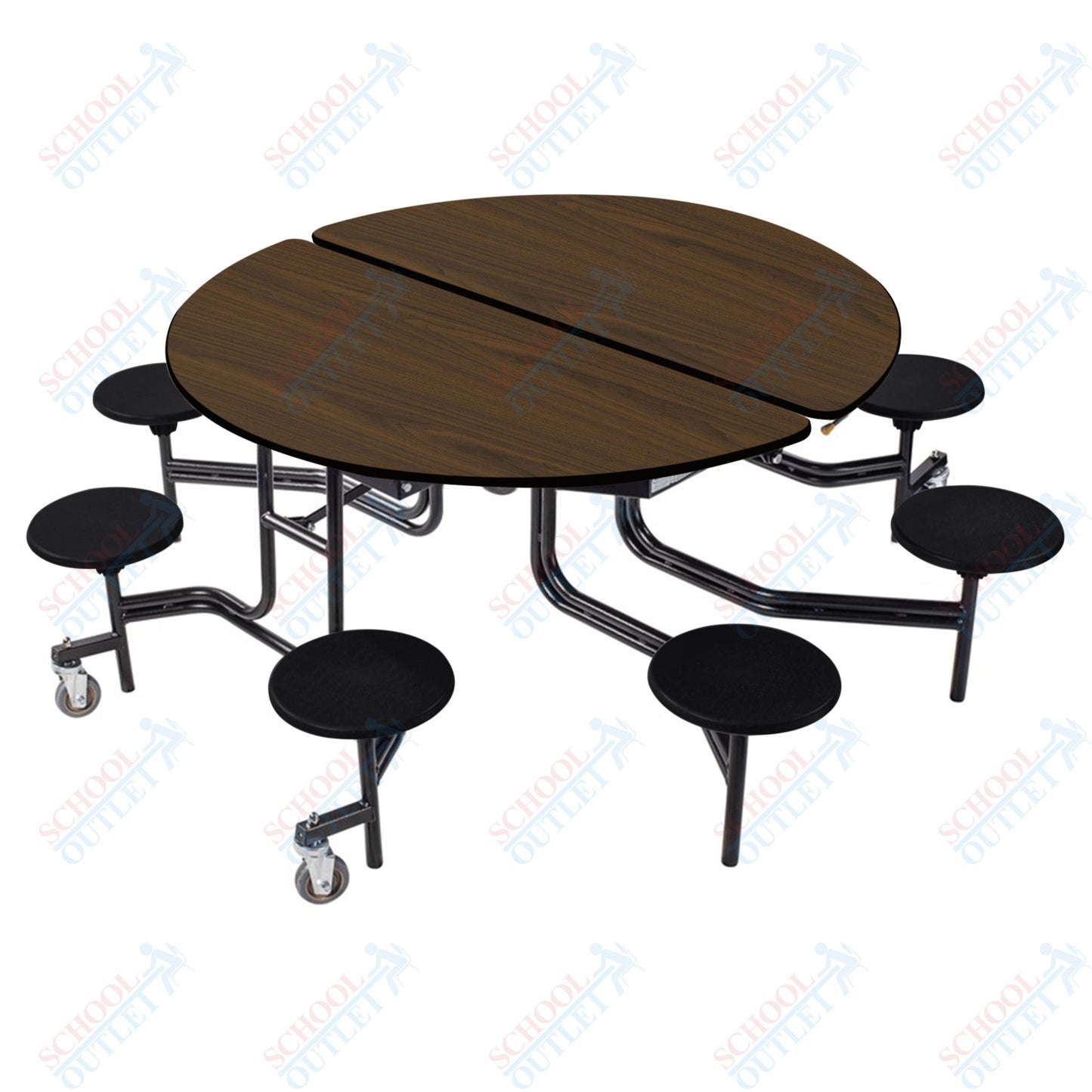 NPS 60" Round Mobile Cafeteria Table - 8 Stools - Plywood Core - T-Molding Edge - Black Powdercoated Frame