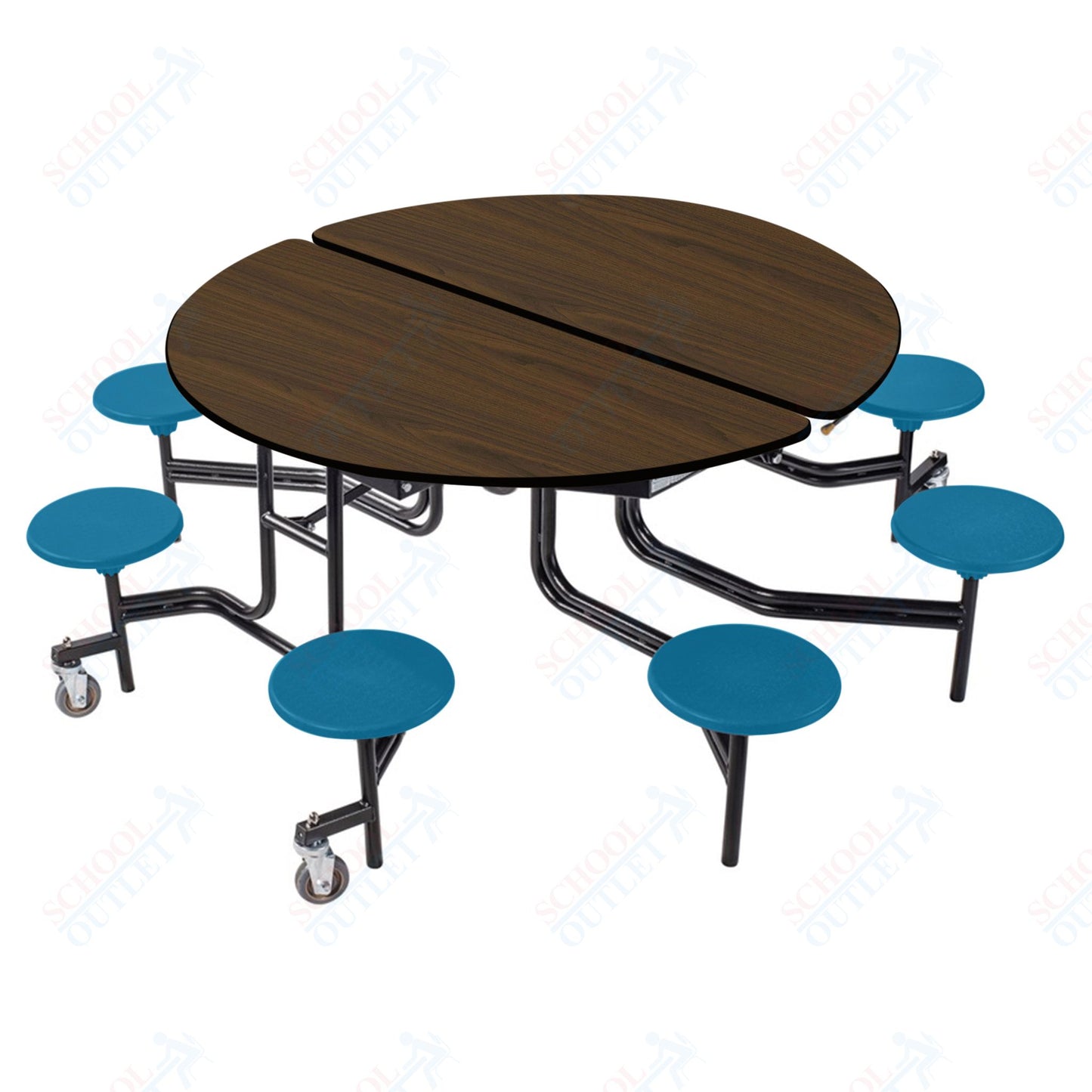 NPS 60" Round Mobile Cafeteria Table - 8 Stools - Plywood Core - T-Molding Edge - Black Powdercoated Frame
