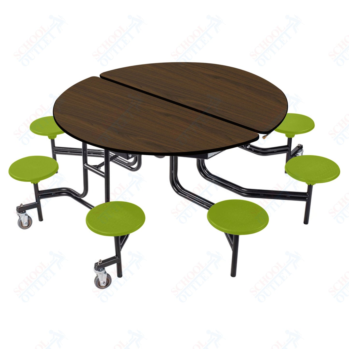 NPS 60" Round Mobile Cafeteria Table - 8 Stools - Plywood Core - T-Molding Edge - Black Powdercoated Frame