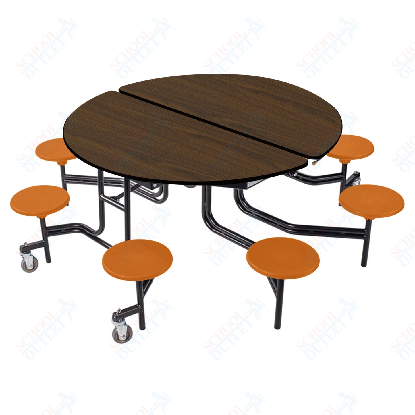 NPS 60" Round Mobile Cafeteria Table - 8 Stools - Plywood Core - T-Molding Edge - Black Powdercoated Frame