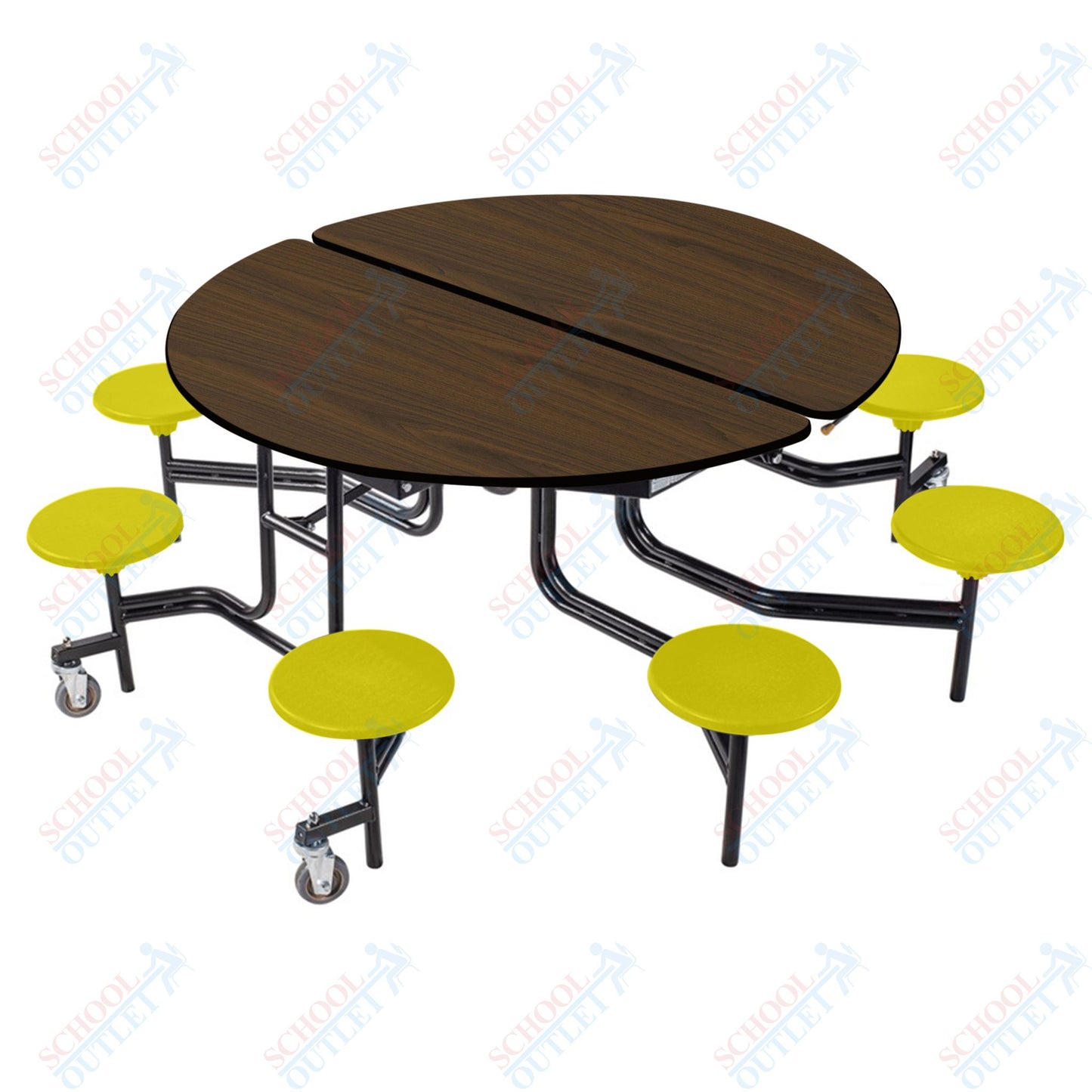 NPS 60" Round Mobile Cafeteria Table - 8 Stools - Plywood Core - T-Molding Edge - Black Powdercoated Frame