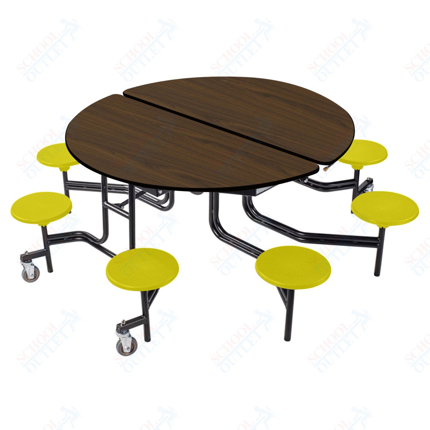 NPS 60" Round Mobile Cafeteria Table - 8 Stools - Plywood Core - T-Molding Edge - Black Powdercoated Frame