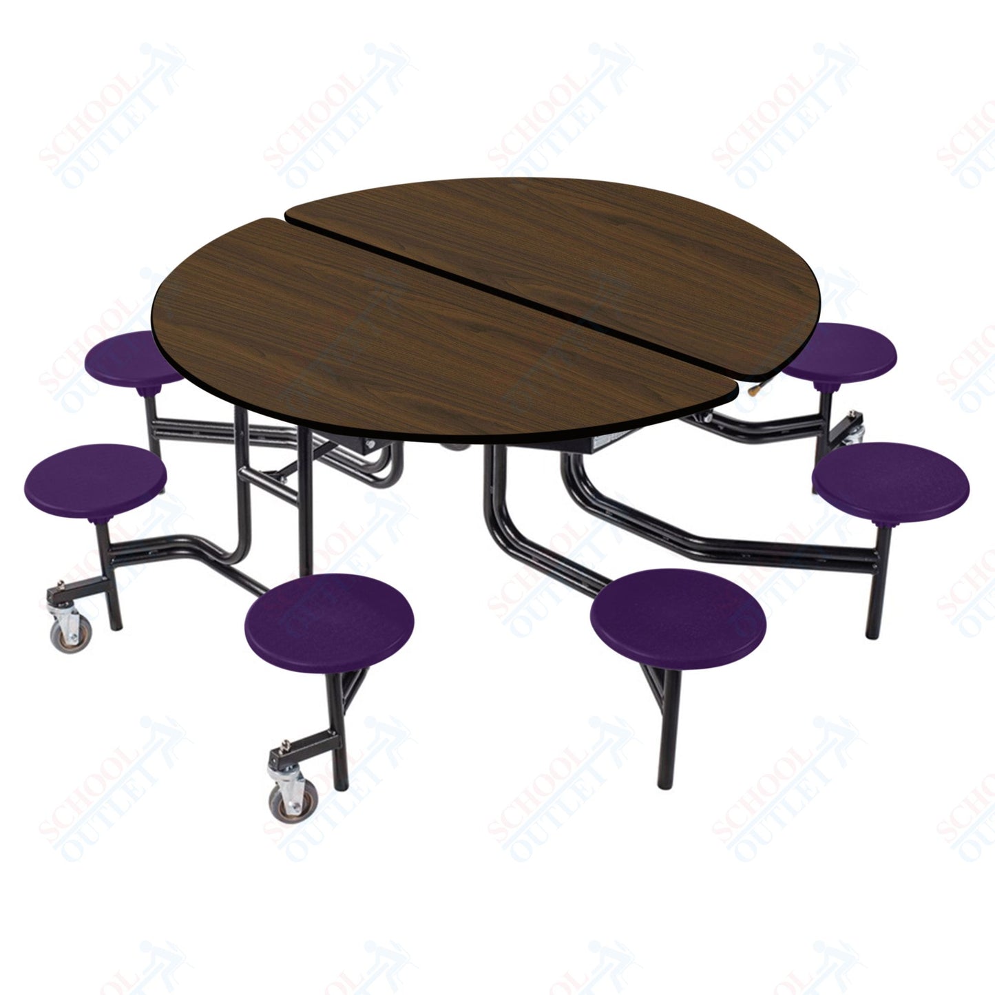 NPS 60" Round Mobile Cafeteria Table - 8 Stools - Plywood Core - T-Molding Edge - Black Powdercoated Frame