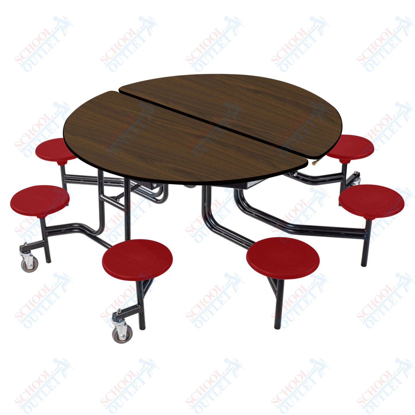 NPS 60" Round Mobile Cafeteria Table - 8 Stools - Plywood Core - T-Molding Edge - Black Powdercoated Frame