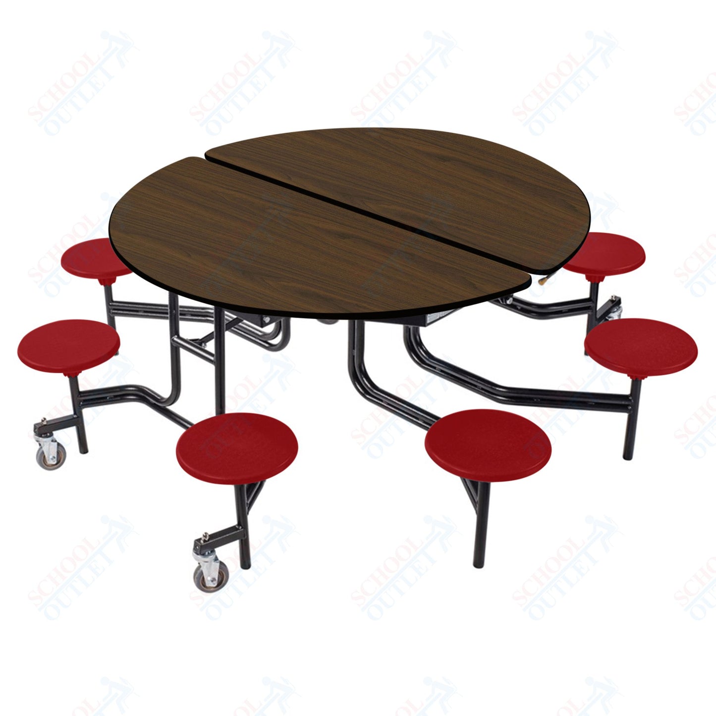 NPS 60" Round Mobile Cafeteria Table - 8 Stools - Plywood Core - T-Molding Edge - Black Powdercoated Frame