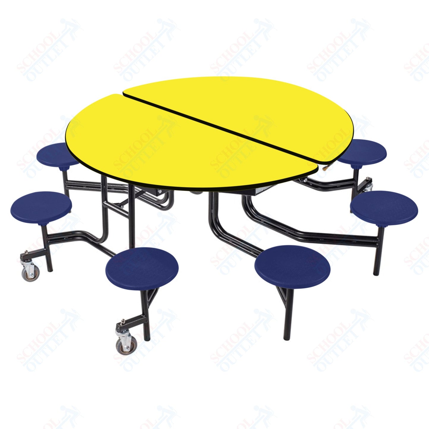 NPS 60" Round Mobile Cafeteria Table - 8 Stools - Plywood Core - T-Molding Edge - Black Powdercoated Frame
