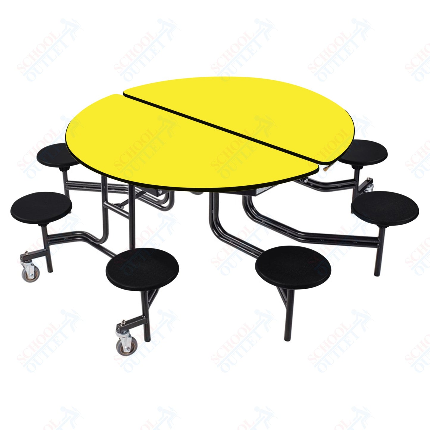 NPS 60" Round Mobile Cafeteria Table - 8 Stools - Plywood Core - T-Molding Edge - Black Powdercoated Frame