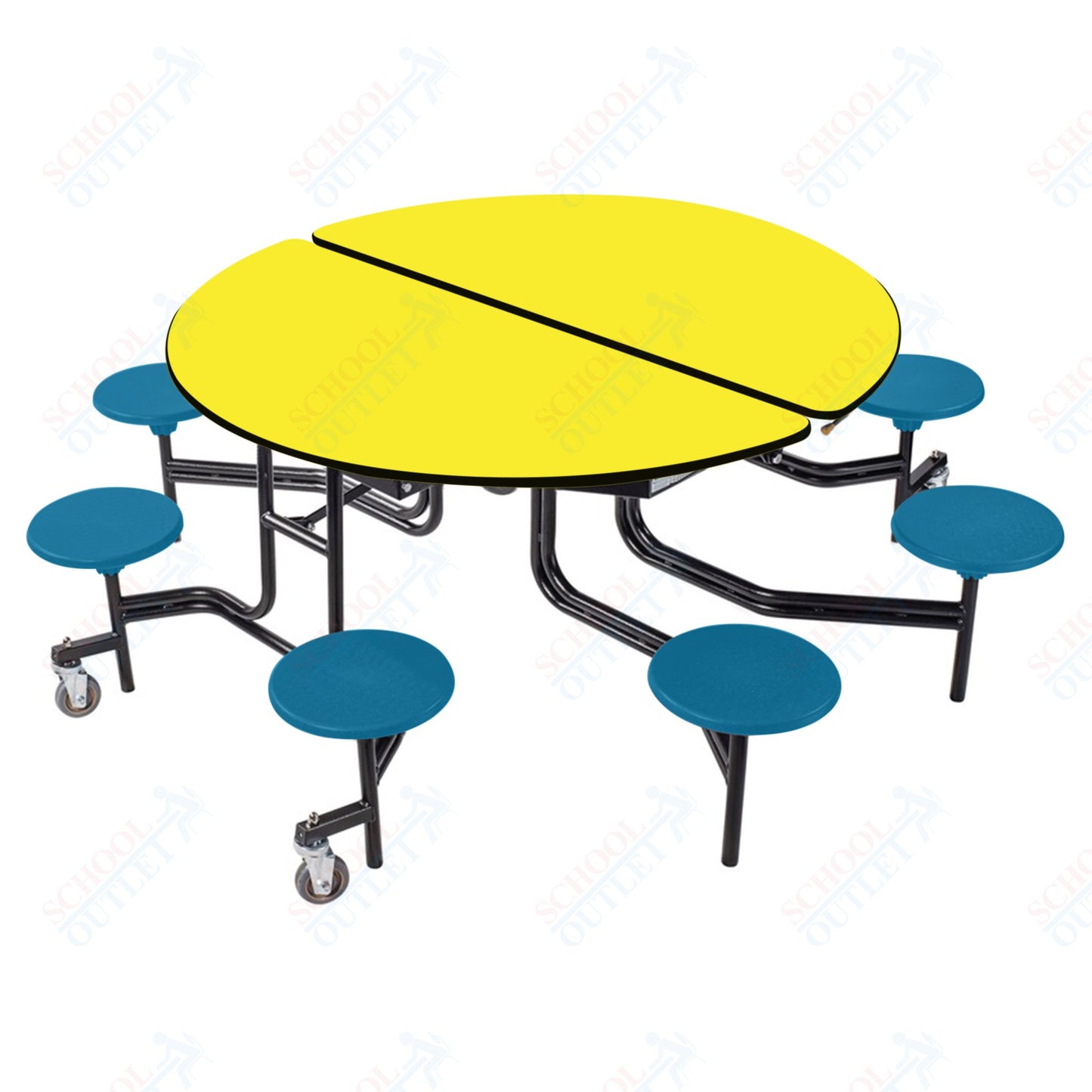 NPS 60" Round Mobile Cafeteria Table - 8 Stools - Plywood Core - T-Molding Edge - Black Powdercoated Frame