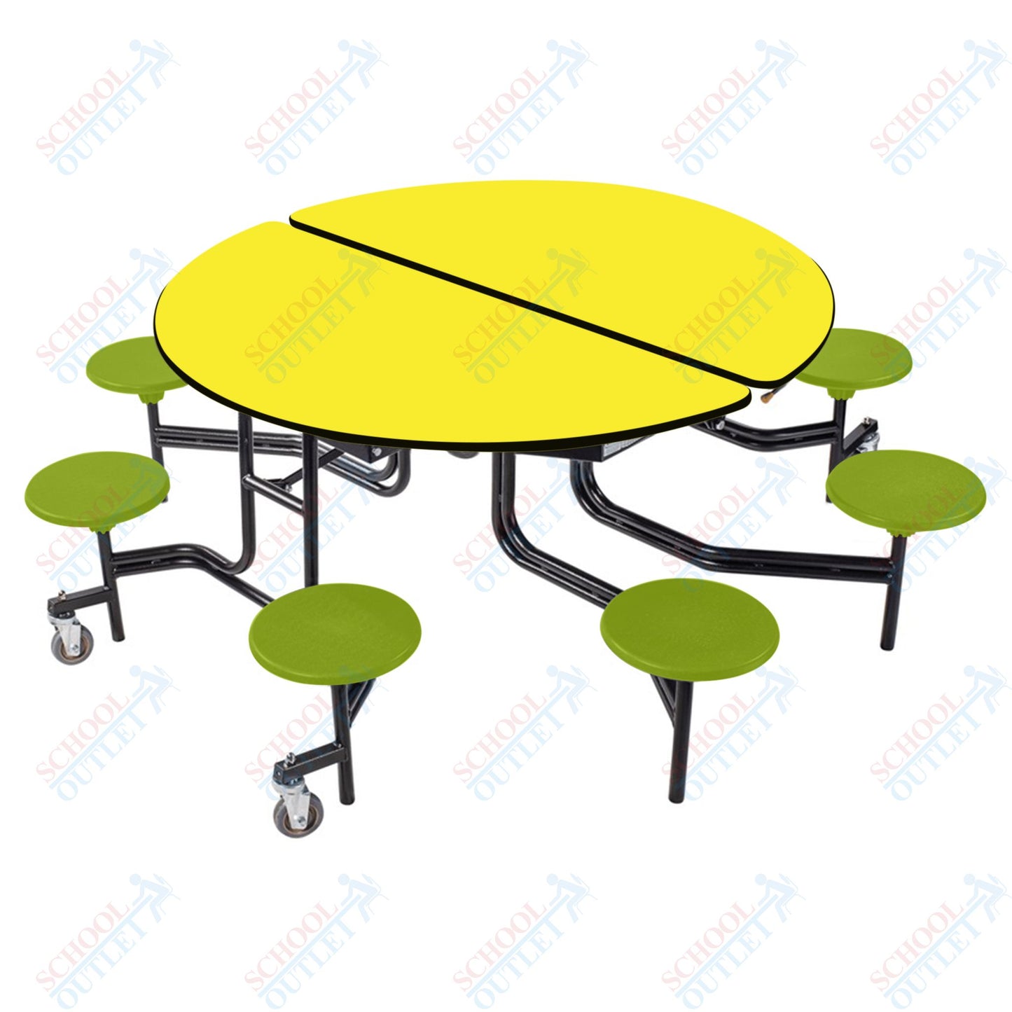 NPS 60" Round Mobile Cafeteria Table - 8 Stools - Plywood Core - T-Molding Edge - Black Powdercoated Frame