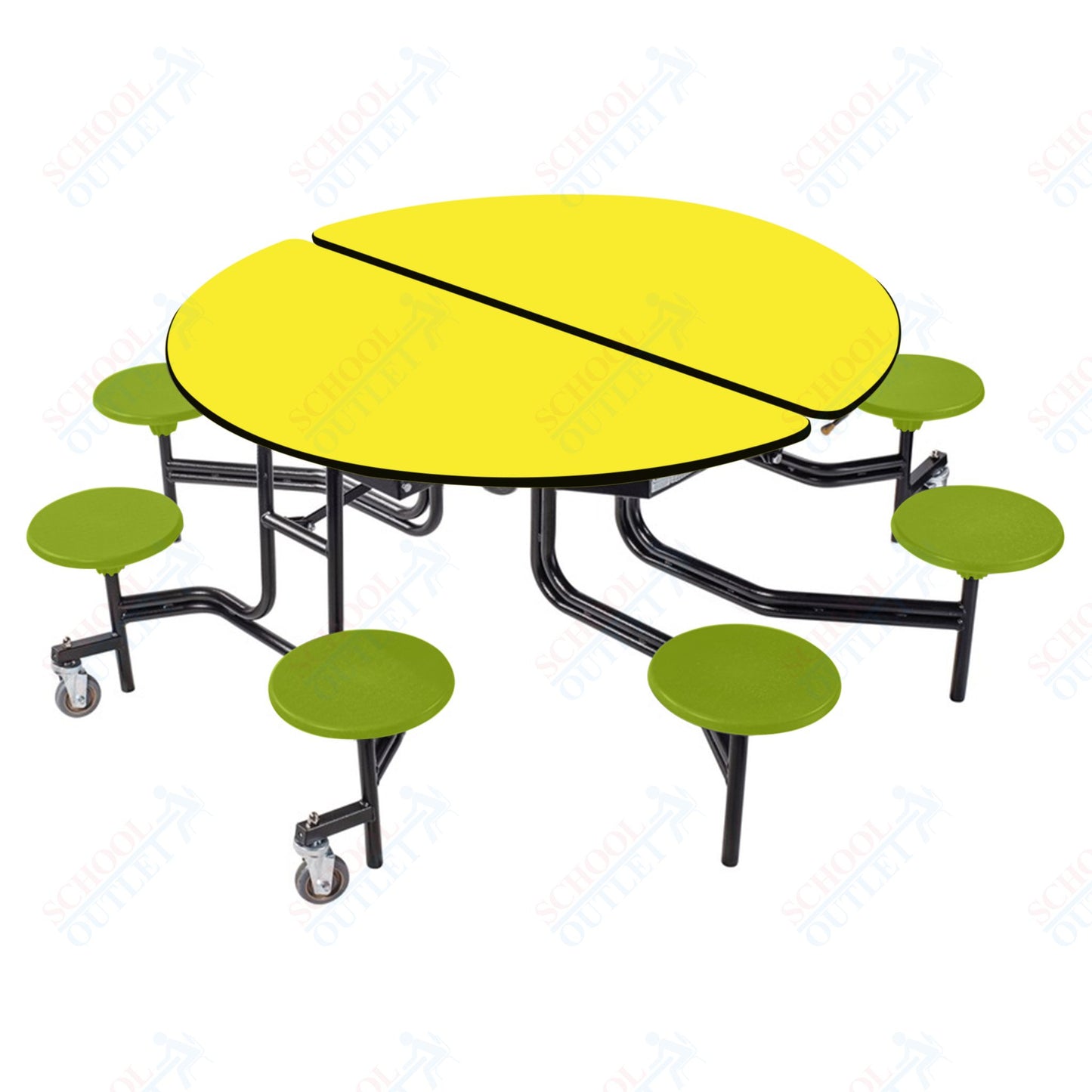 NPS 60" Round Mobile Cafeteria Table - 8 Stools - Plywood Core - T-Molding Edge - Black Powdercoated Frame
