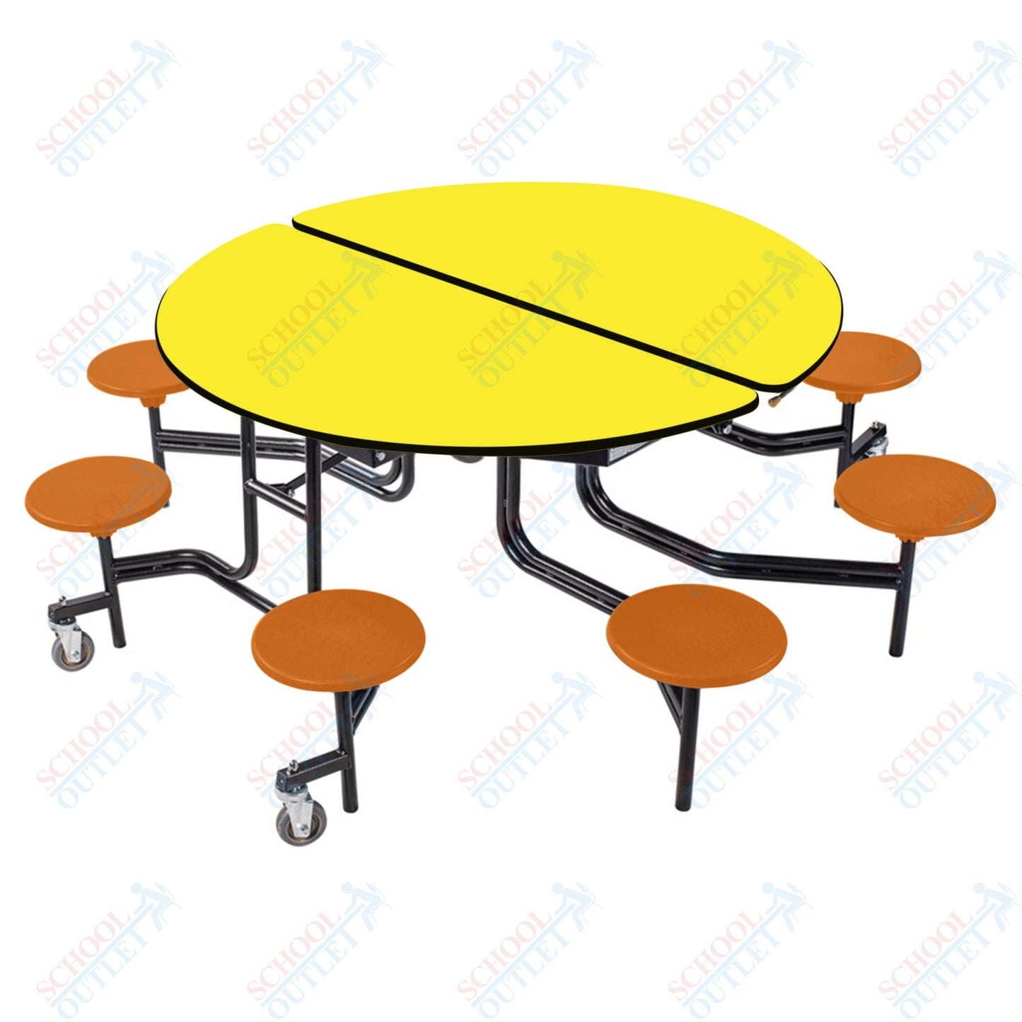 NPS 60" Round Mobile Cafeteria Table - 8 Stools - Plywood Core - T-Molding Edge - Black Powdercoated Frame