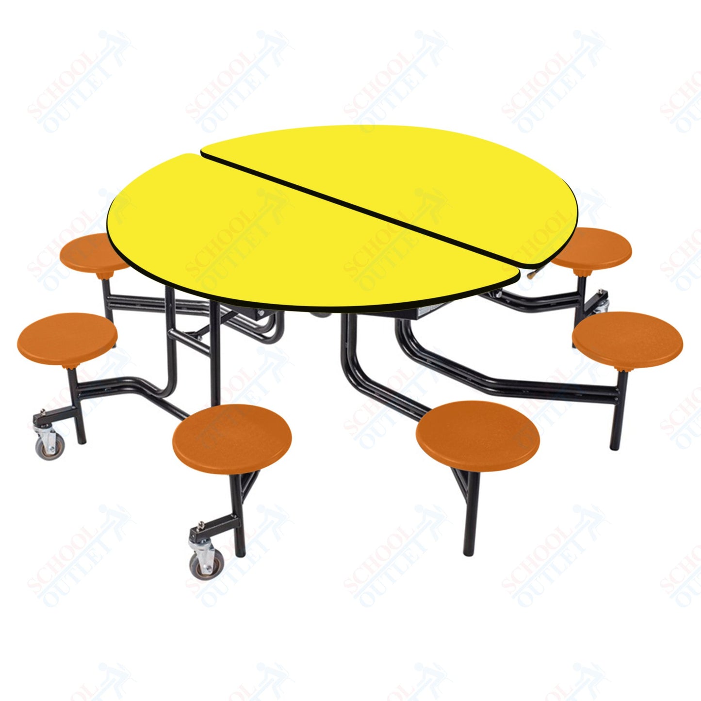 NPS 60" Round Mobile Cafeteria Table - 8 Stools - Plywood Core - T-Molding Edge - Black Powdercoated Frame