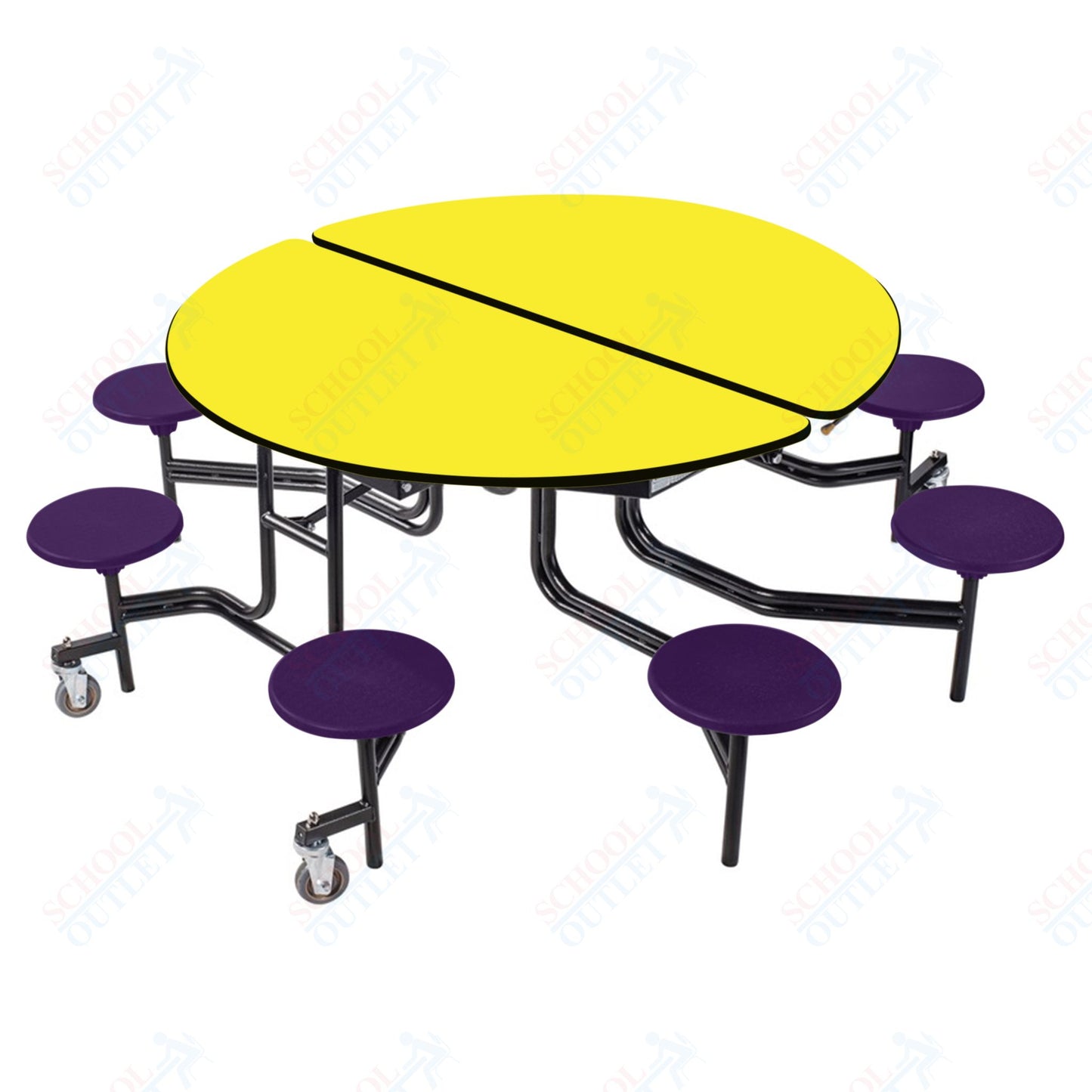 NPS 60" Round Mobile Cafeteria Table - 8 Stools - Plywood Core - T-Molding Edge - Black Powdercoated Frame