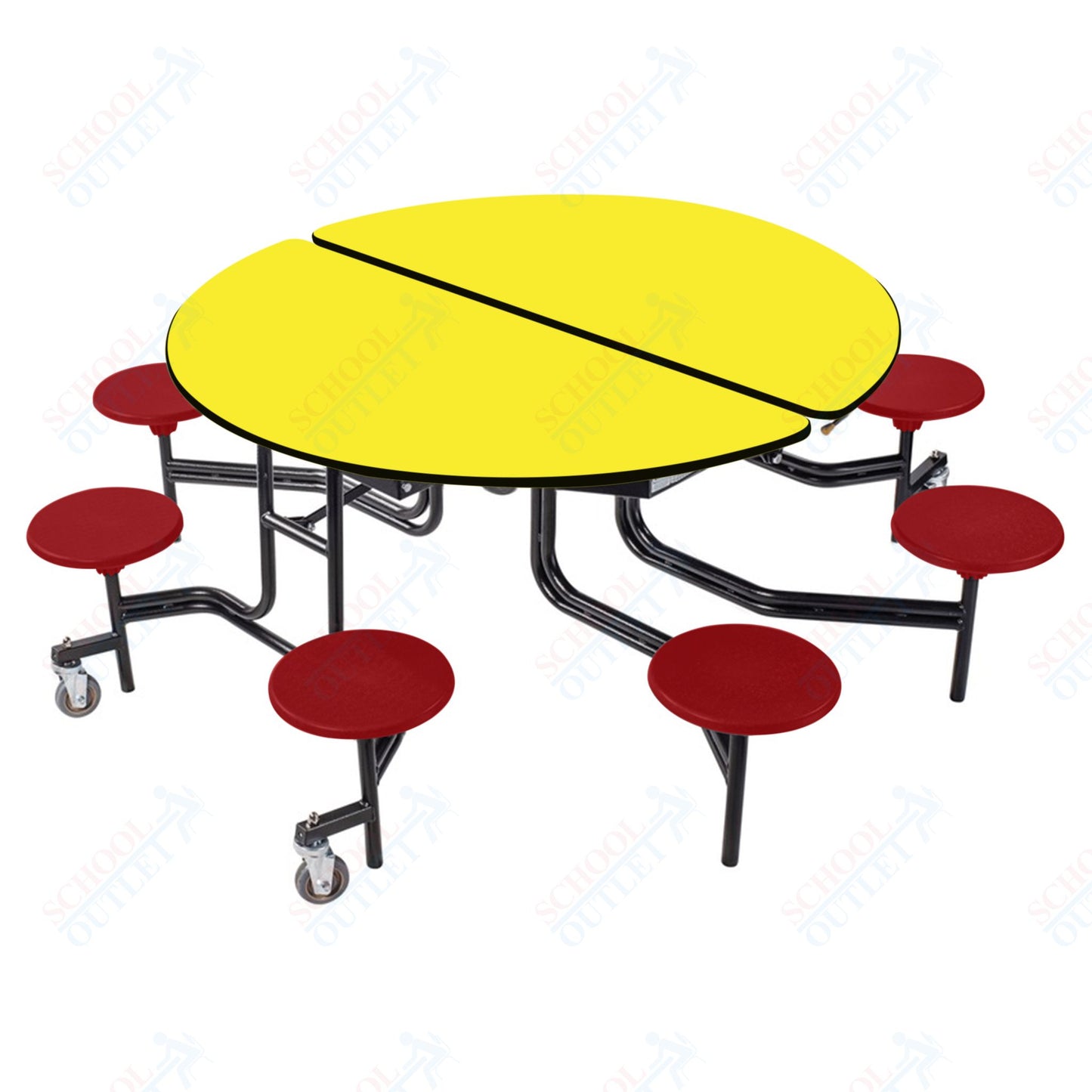 NPS 60" Round Mobile Cafeteria Table - 8 Stools - Plywood Core - T-Molding Edge - Black Powdercoated Frame