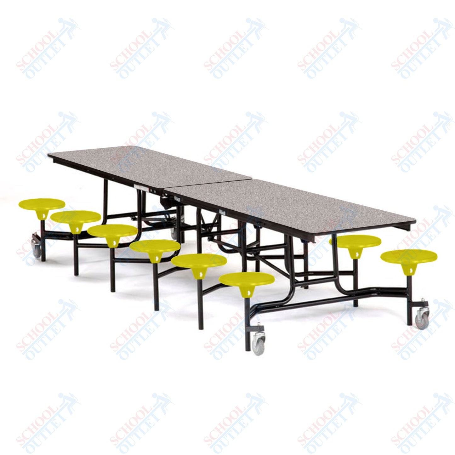 Mobile Cafeteria Lunchroom Stool Table - 30" W x 12' L - 12 Stools - MDF Core - Protect Edge - Chrome Frame
