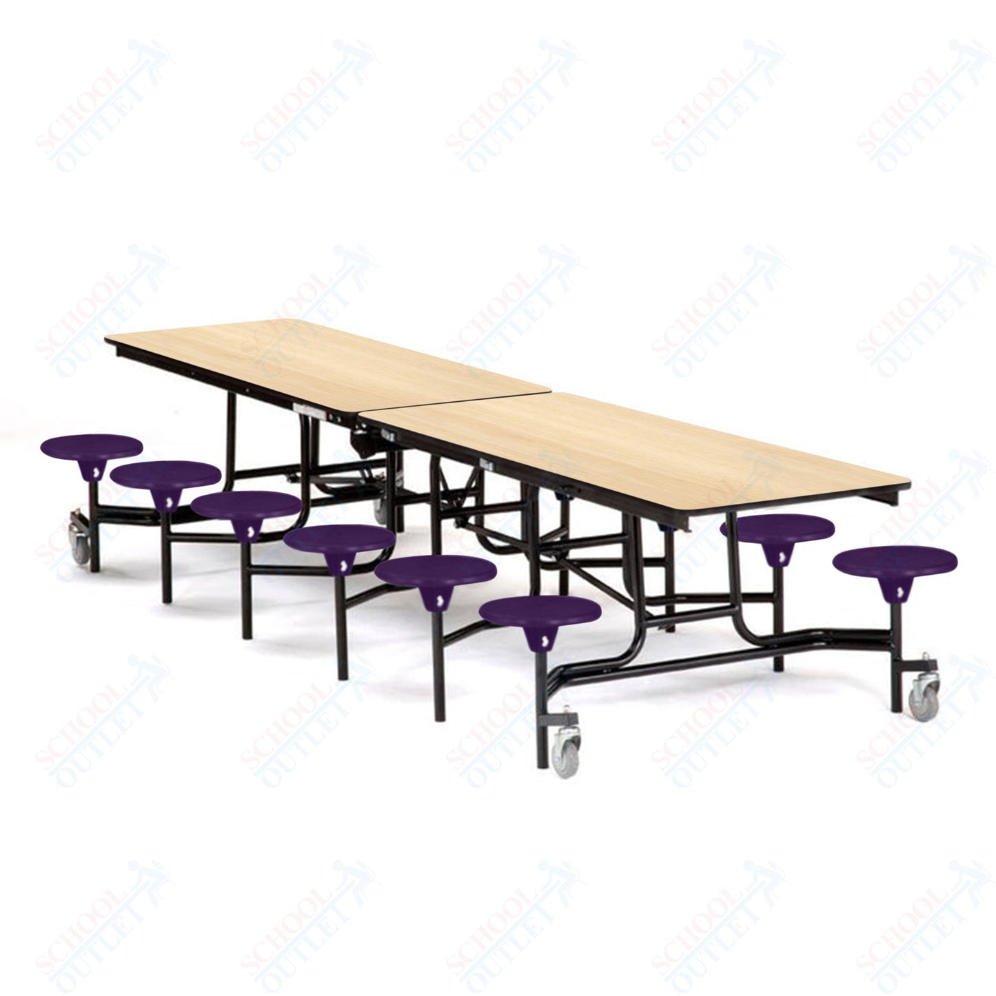 Mobile Cafeteria Lunchroom Stool Table - 30" W x 12' L - 12 Stools - Particleboard Core - T-Molding Edge - Chrome Frame