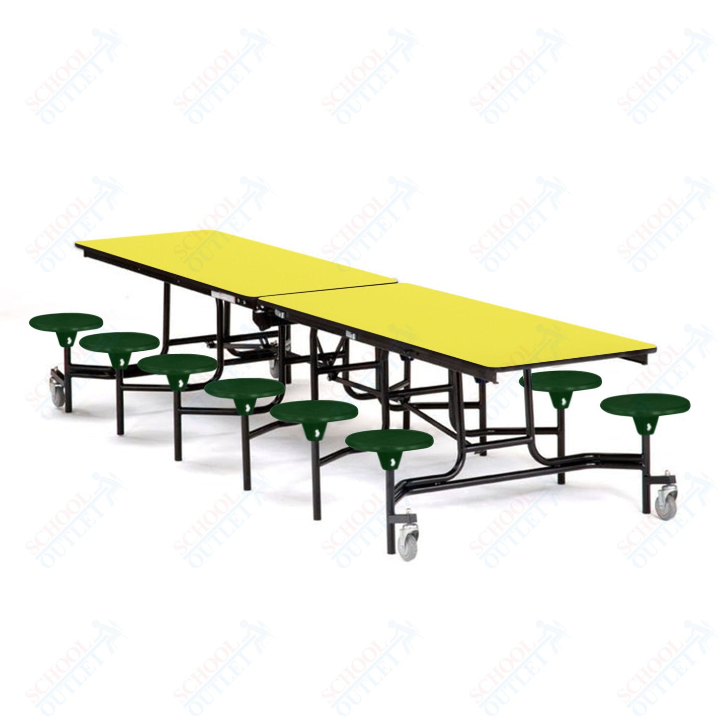 Mobile Cafeteria Lunchroom Stool Table - 30" W x 12' L - 12 Stools - Particleboard Core - T-Molding Edge - Chrome Frame