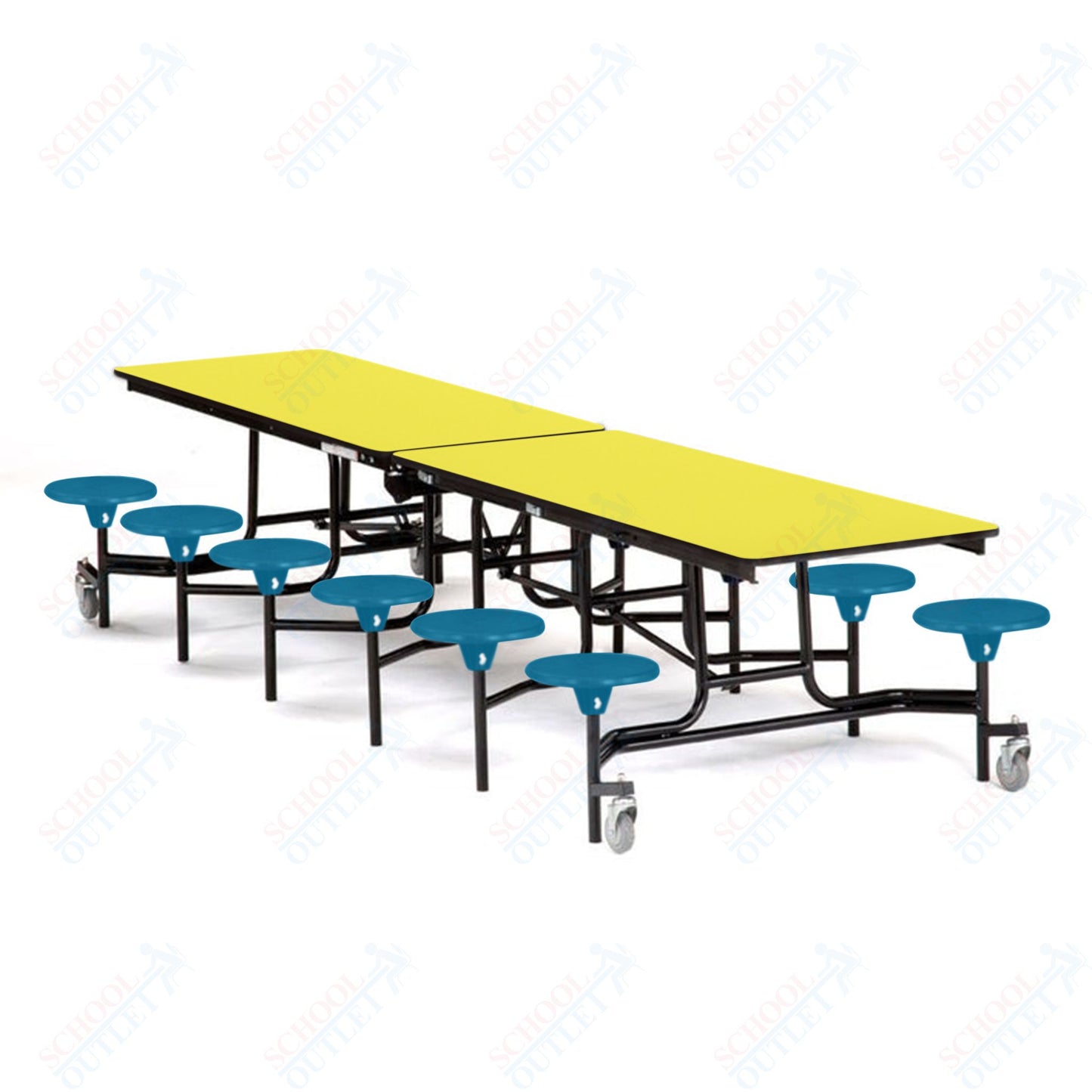 Mobile Cafeteria Lunchroom Stool Table - 30" W x 12' L - 12 Stools - Particleboard Core - T-Molding Edge - Chrome Frame