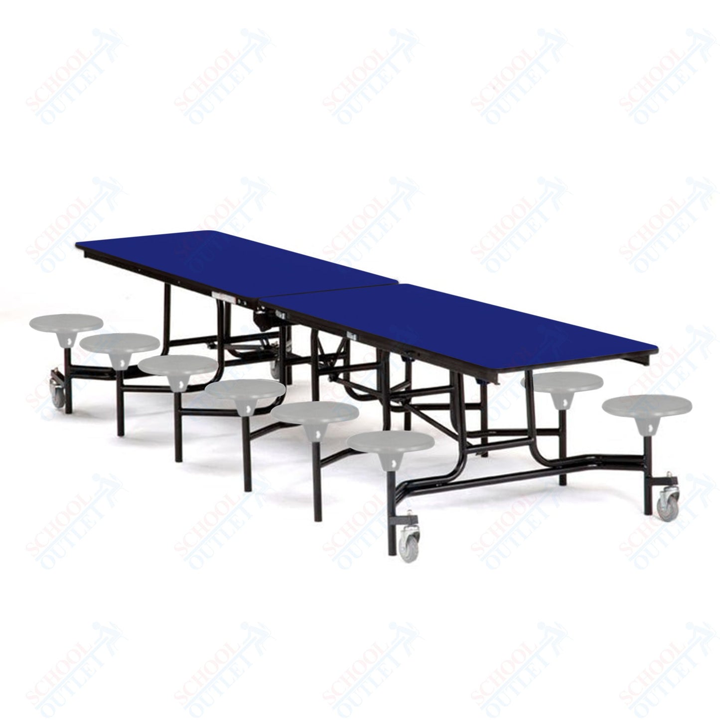 Mobile Cafeteria Lunchroom Stool Table - 30" W x 12' L - 12 Stools - Plywood Core - T-Molding Edge - Chrome Frame