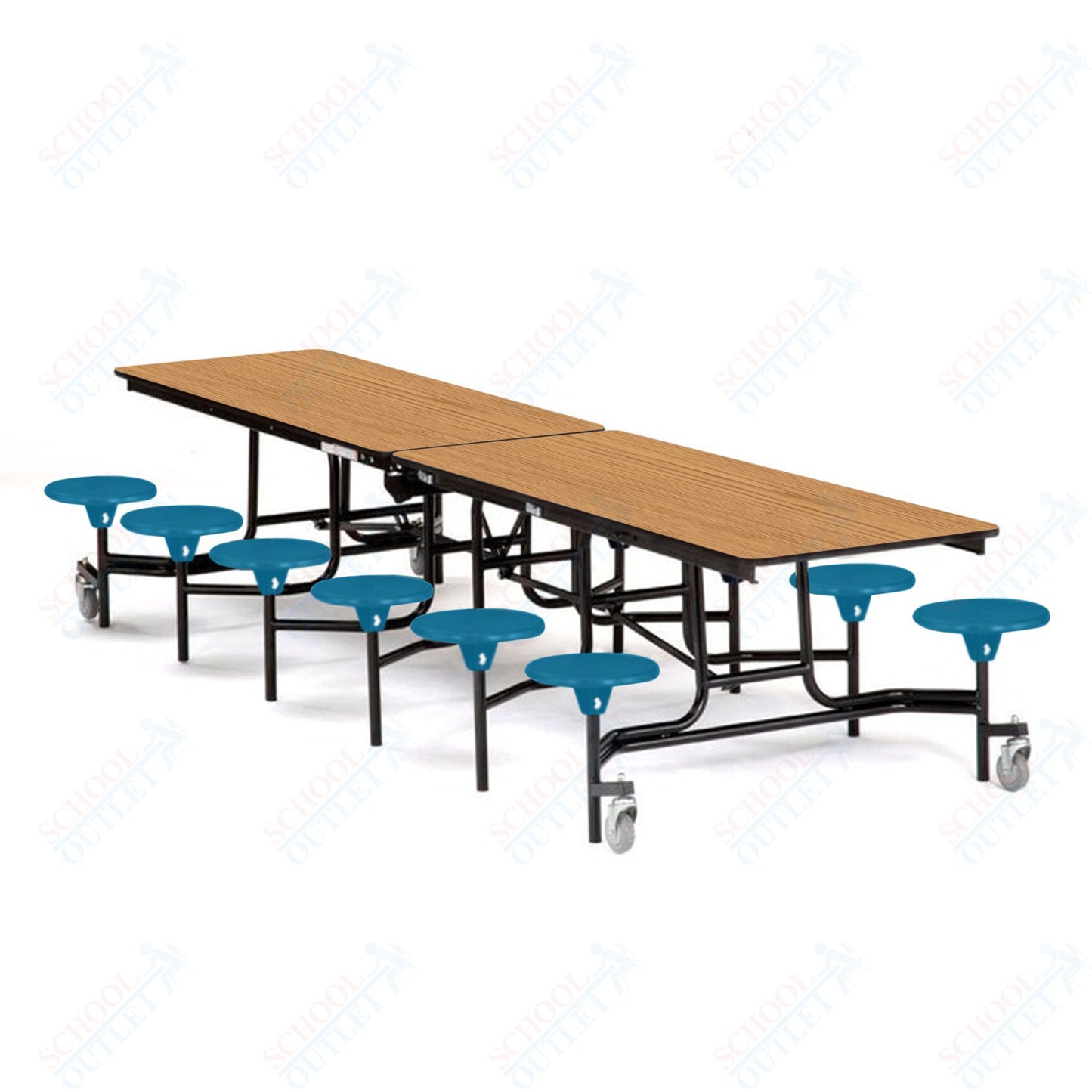 Mobile Cafeteria Lunchroom Stool Table - 30" W x 12' L - 12 Stools - Plywood Core - T-Molding Edge - Chrome Frame