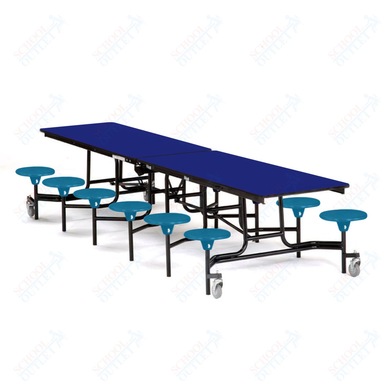 Mobile Cafeteria Lunchroom Stool Table - 30" W x 12' L - 12 Stools - Plywood Core - T-Molding Edge -  Black Powdercoated Frame