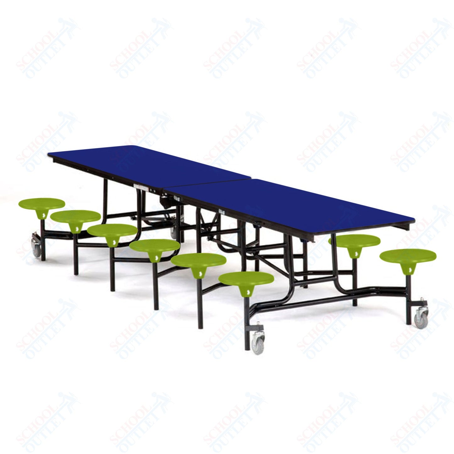 Mobile Cafeteria Lunchroom Stool Table - 30" W x 12' L - 12 Stools - Plywood Core - T-Molding Edge -  Black Powdercoated Frame